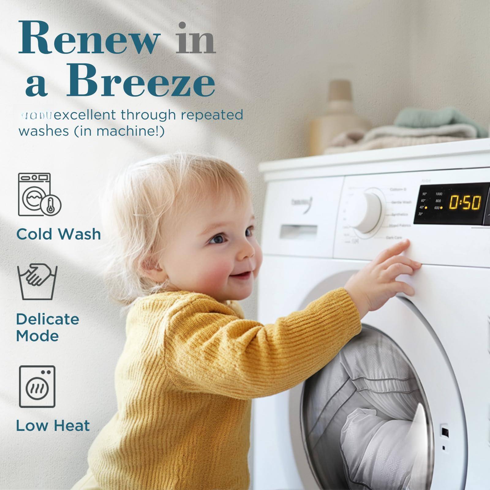 Renew in a Breeze

excellent through repeated washes (in machine!)

Cold Wash

Delicate Mode

Low Heat
