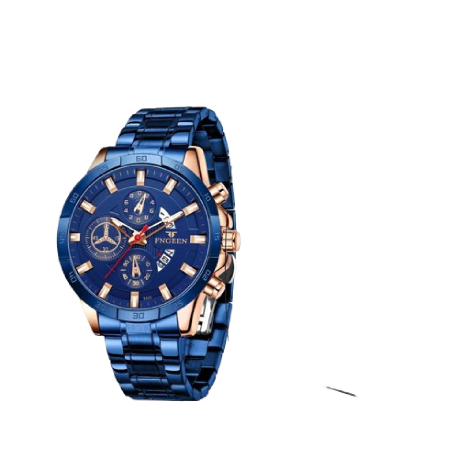 Home Collection - Waterproof Men’s Stainless Steel Quartz Watch with Luminous Hands and Day Display - Blue
