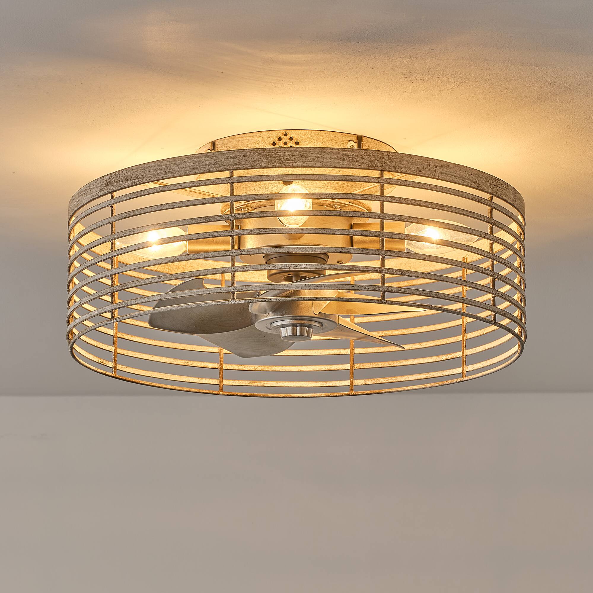 Alt View 2. Vaczon - 18" Industrial Caged Ceiling Fan with Light and Remote, 6-Speed Reversible DC Motor, Flush Mount Ceiling Fan - Distressed silver.