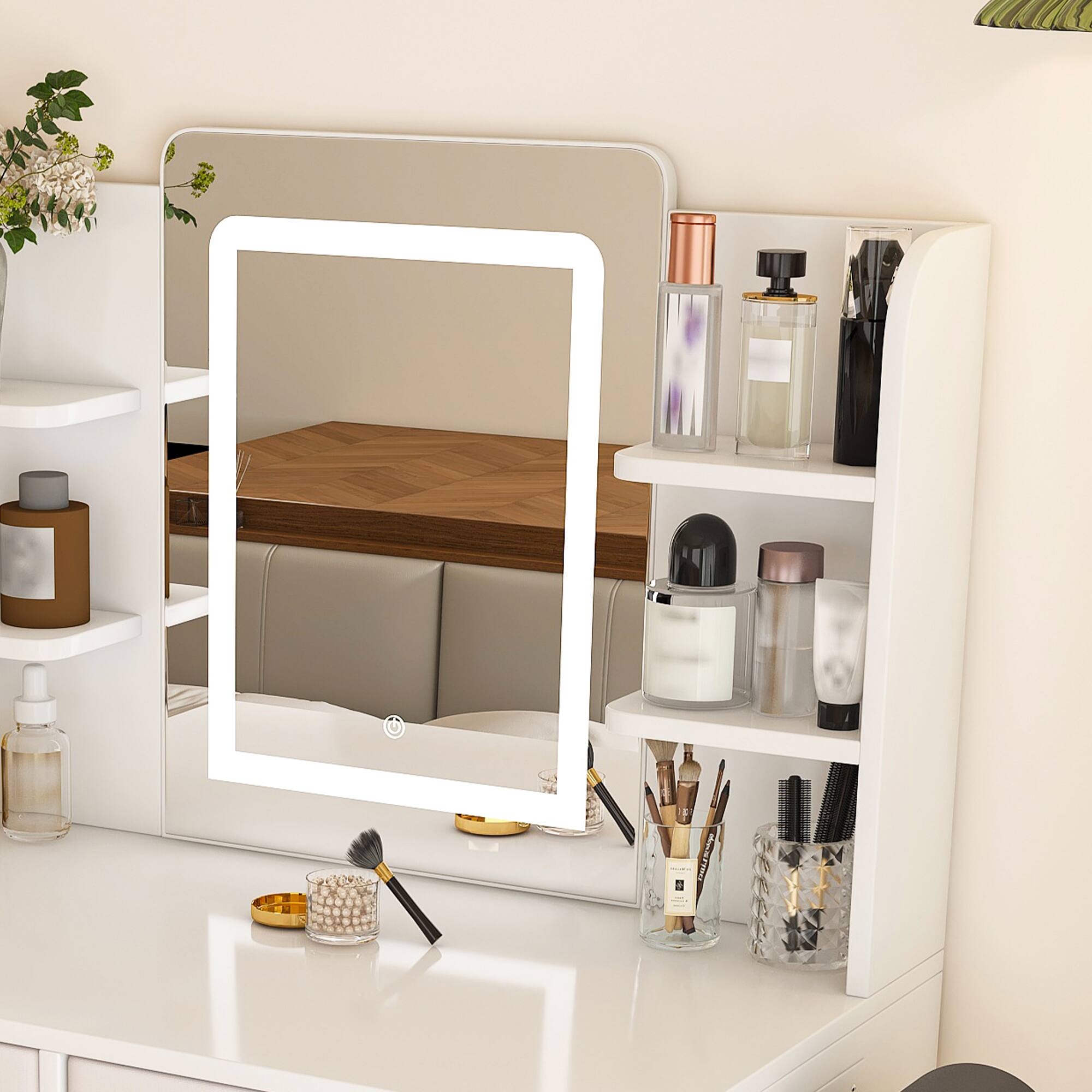 Alt View 2. Lirago - LED Vanity Dresser Table with Mirror Lights Wood Makeup Desk with Drawers 15.7”D x 27.5”W x 49.2”H - White.