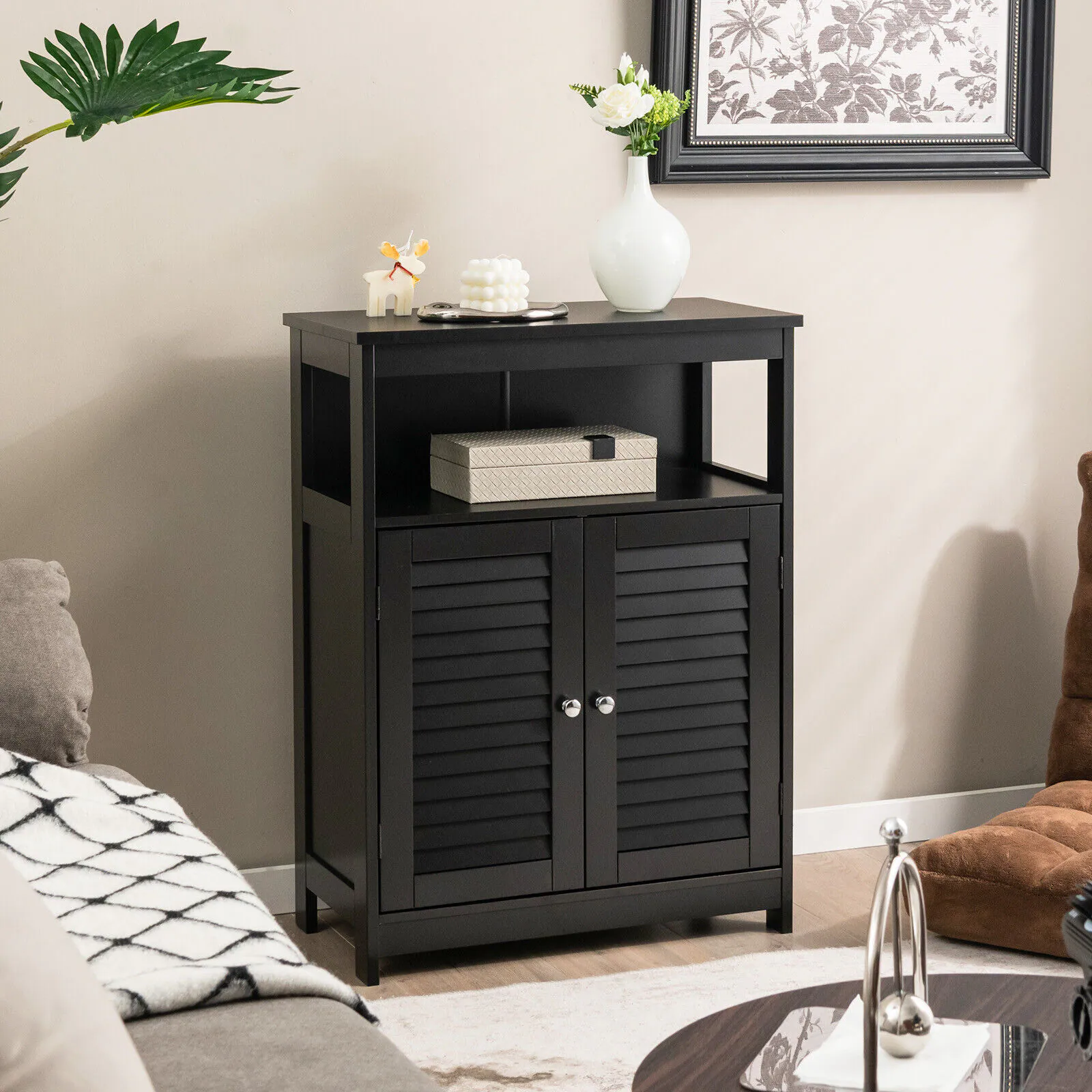 Alt View 7. Ecooso - Wood Freestanding Bathroom Storage Cabinet with Double Shutter Door - Black.