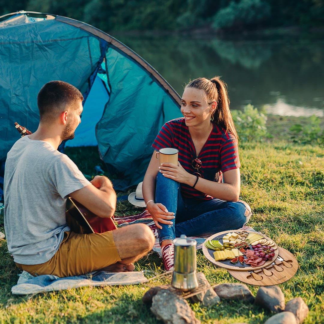 Alt View 4. BlauKe - Round Bamboo Cheese Board with Knife Set and Removable Slate - 12 inch Swiveling Charcuterie Board - Beige.