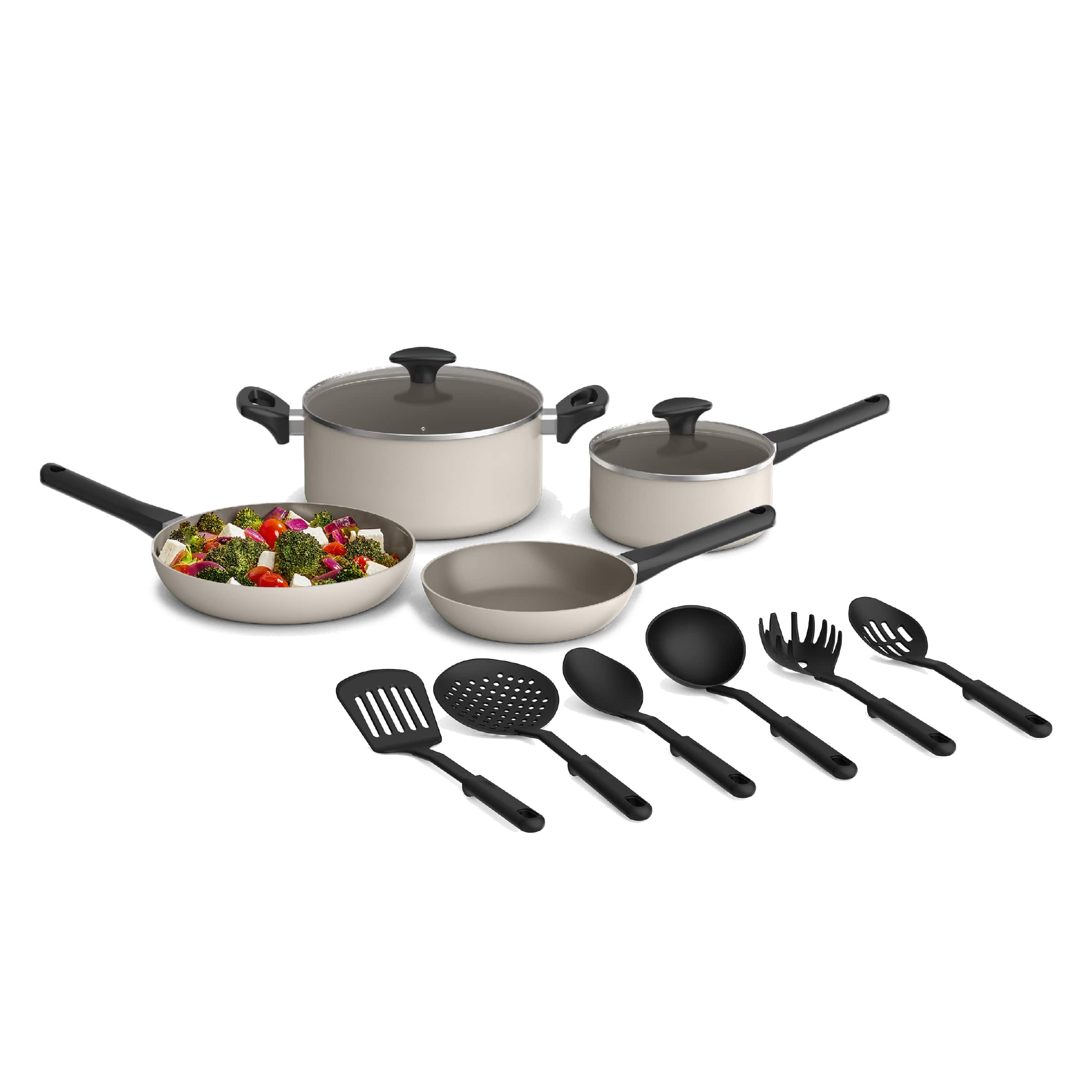 Front. Bella - 12-Piece Ceramic Nonstick Cookware Set - Oatmilk.