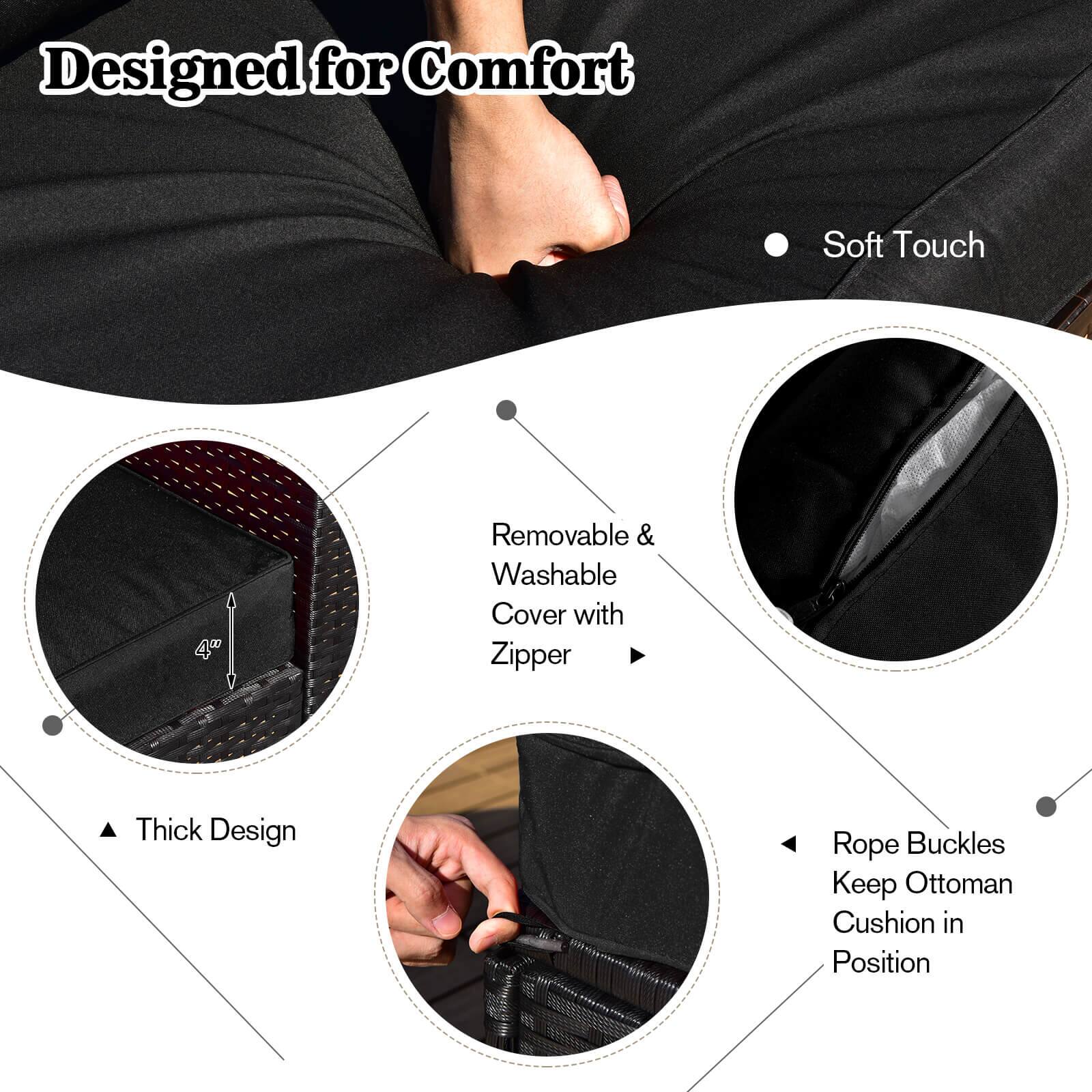 Designed for Comfort, Soft Touch, 4" Thick Design, Removable & Washable Cover with Zipper, Rope Buckles Keep Ottoman Cushion in Position