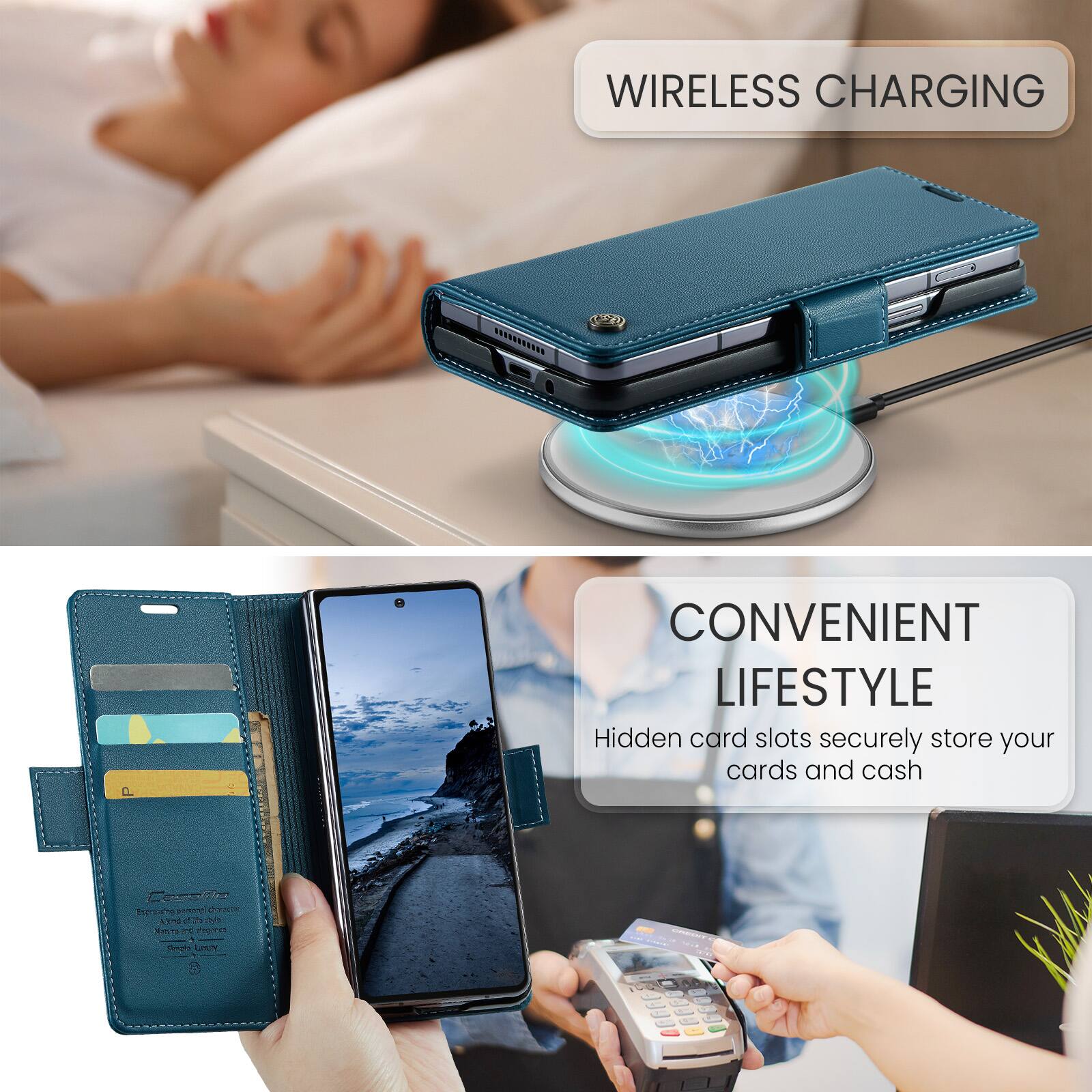 WIRELESS CHARGING

CONVENIENT LIFESTYLE

Hidden card slots securely store your cards and cash