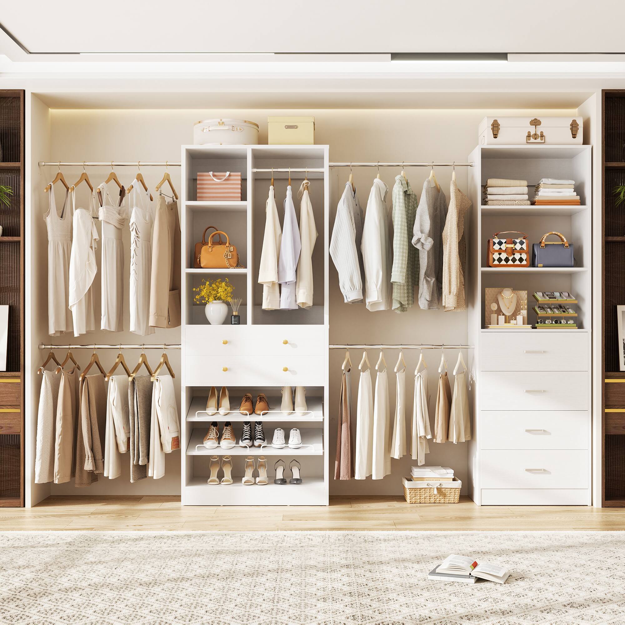 Front. Aheaplus - 49''-127'' Adjustable Closet Organizer System with 6 Drawers, 4 Hanging Rods, and Shelves - White.