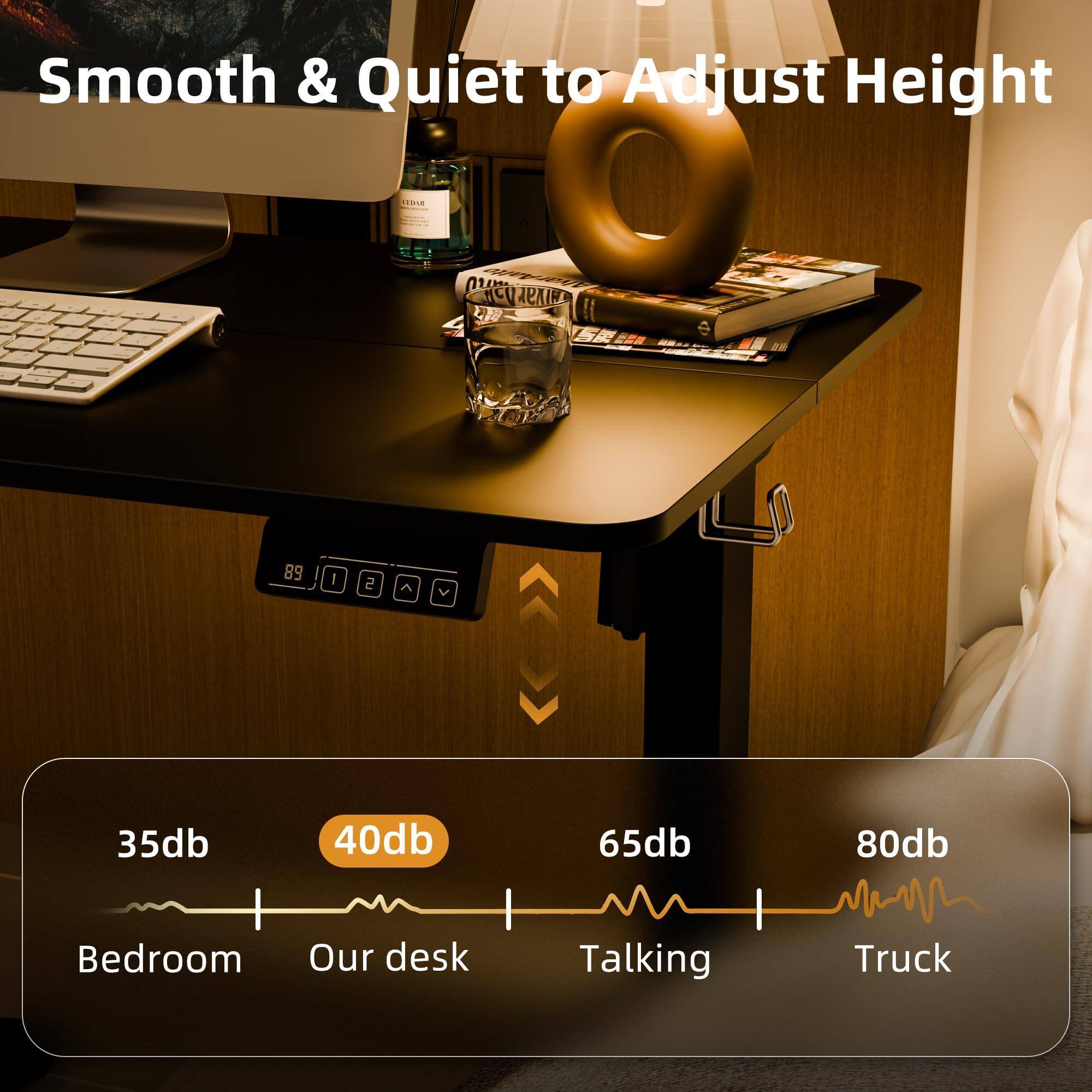 Smooth & Quiet to Adjust Height

35db - Bedroom  
40db - Our desk  
65db - Talking  
80db - Truck