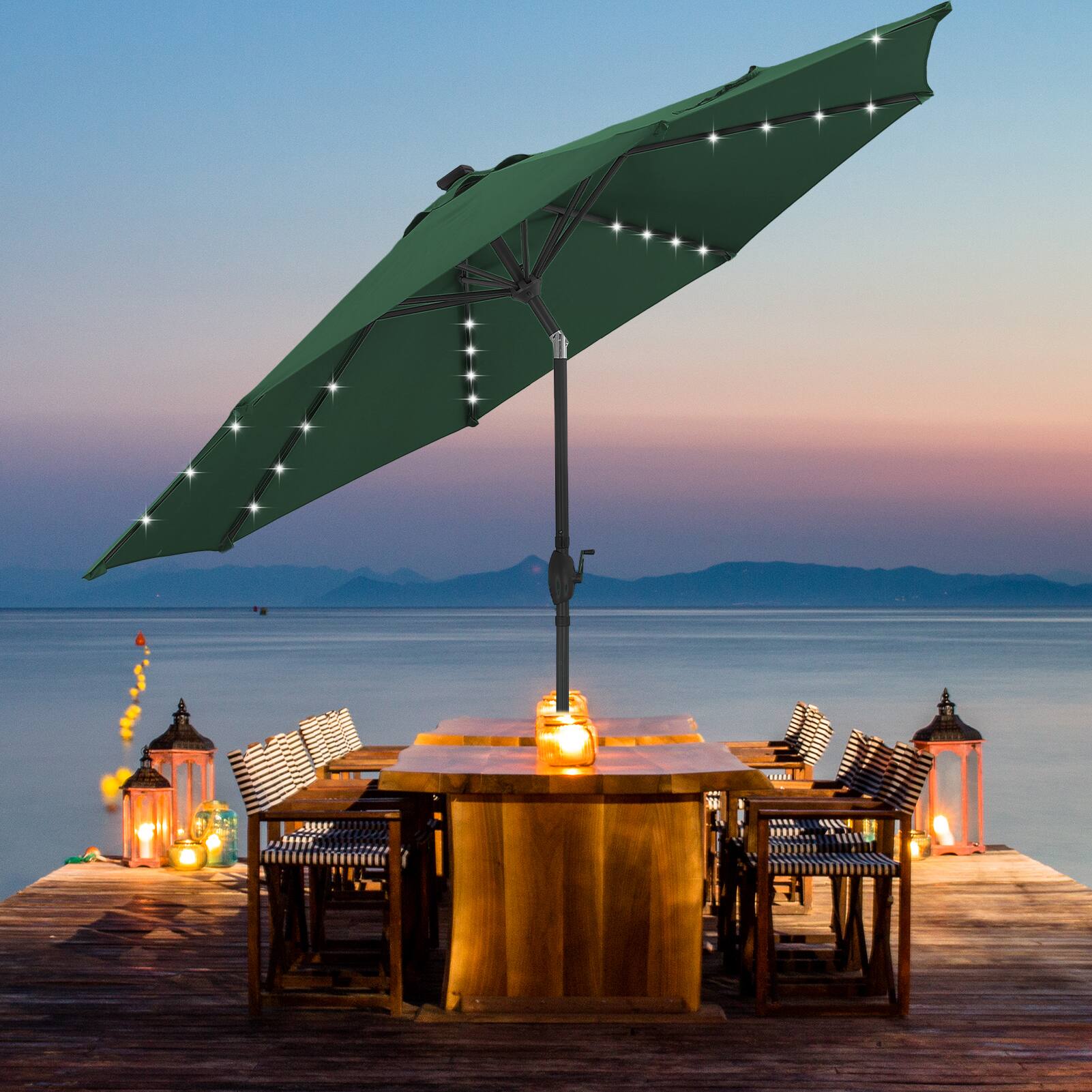 Back. Ainfox - Ainfox 10FT Solar Lighted Patio Umbrella LED Outdoor Umbrella with Tilt Crank for Backyard Garden Pool Beach with Base - green.