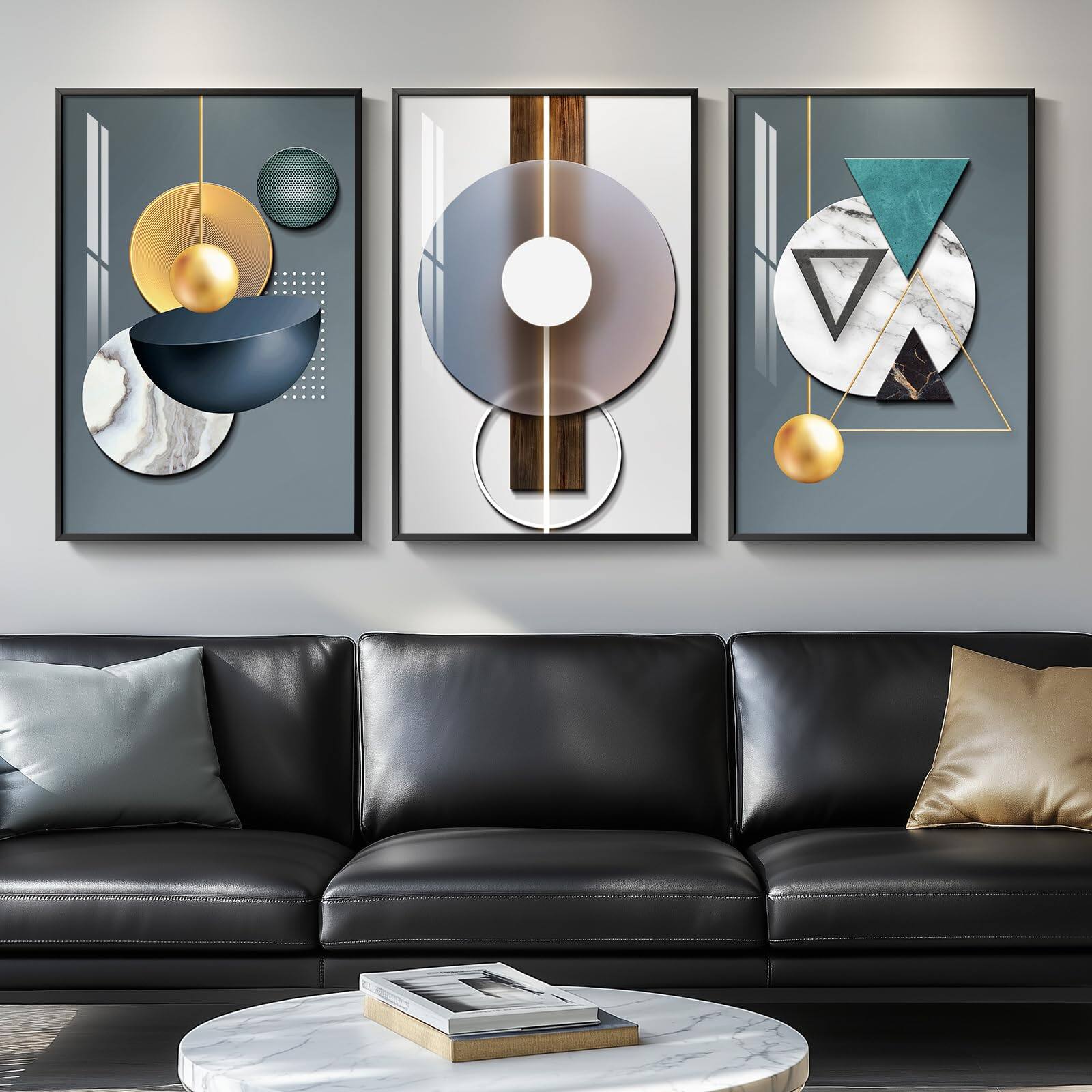 Front. Hanke - Extra Large Framed Modern Luxury Abstract Wall Art Living Room Minimalist Paintings 20 x 30 inches - Geometric Melody 20" W x 30" H x 3Pcs.
