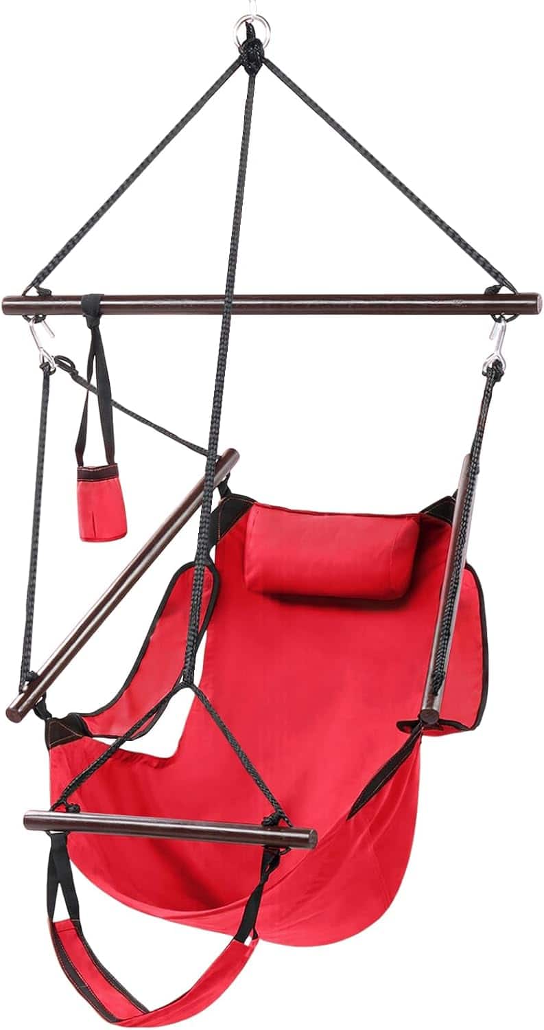 Winado - 5FT Hammock Hanging Sky Chair, Air Deluxe Swing Seat with Cup Holder, Wooden Stick, Chain for Indoor Outdoor Garden - Red
