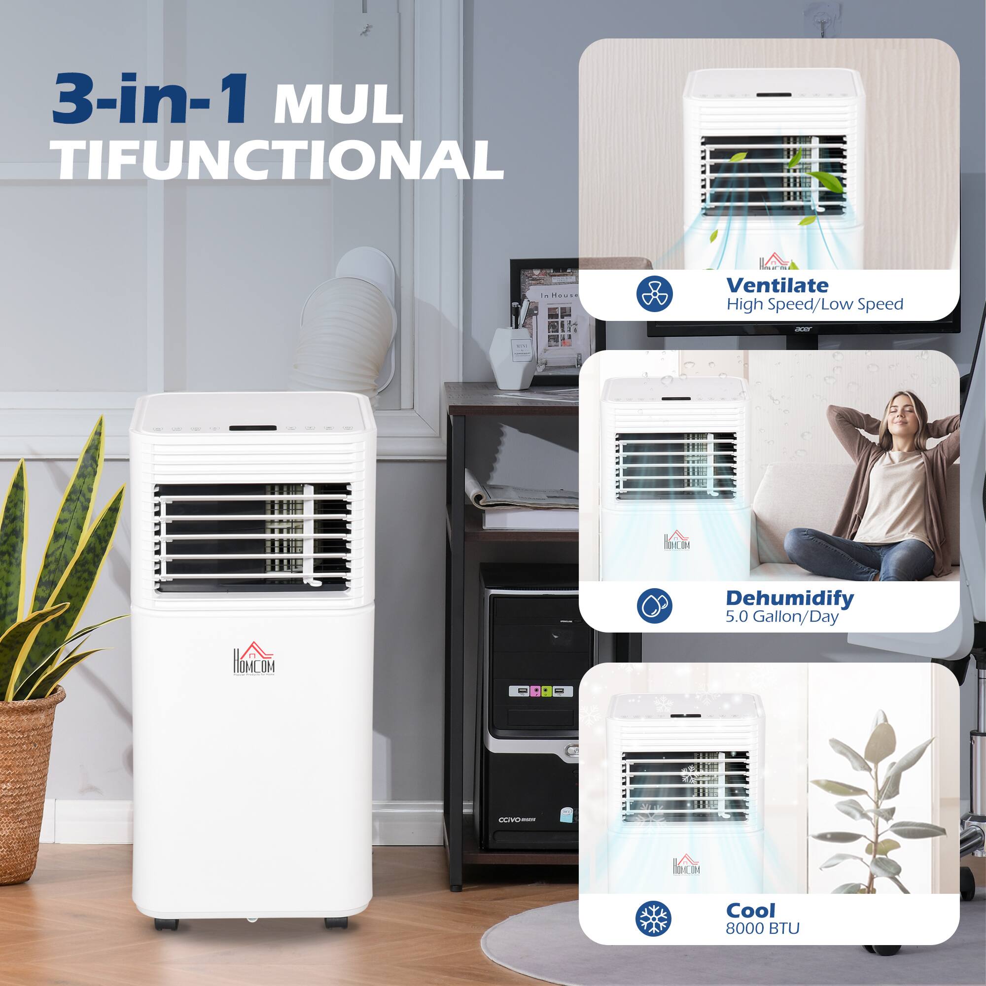 3-in-1 MULTIFUNCTIONAL

Ventilate  
High Speed/Low Speed

Dehumidify  
5.0 Gallon/Day

Cool  
8000 BTU