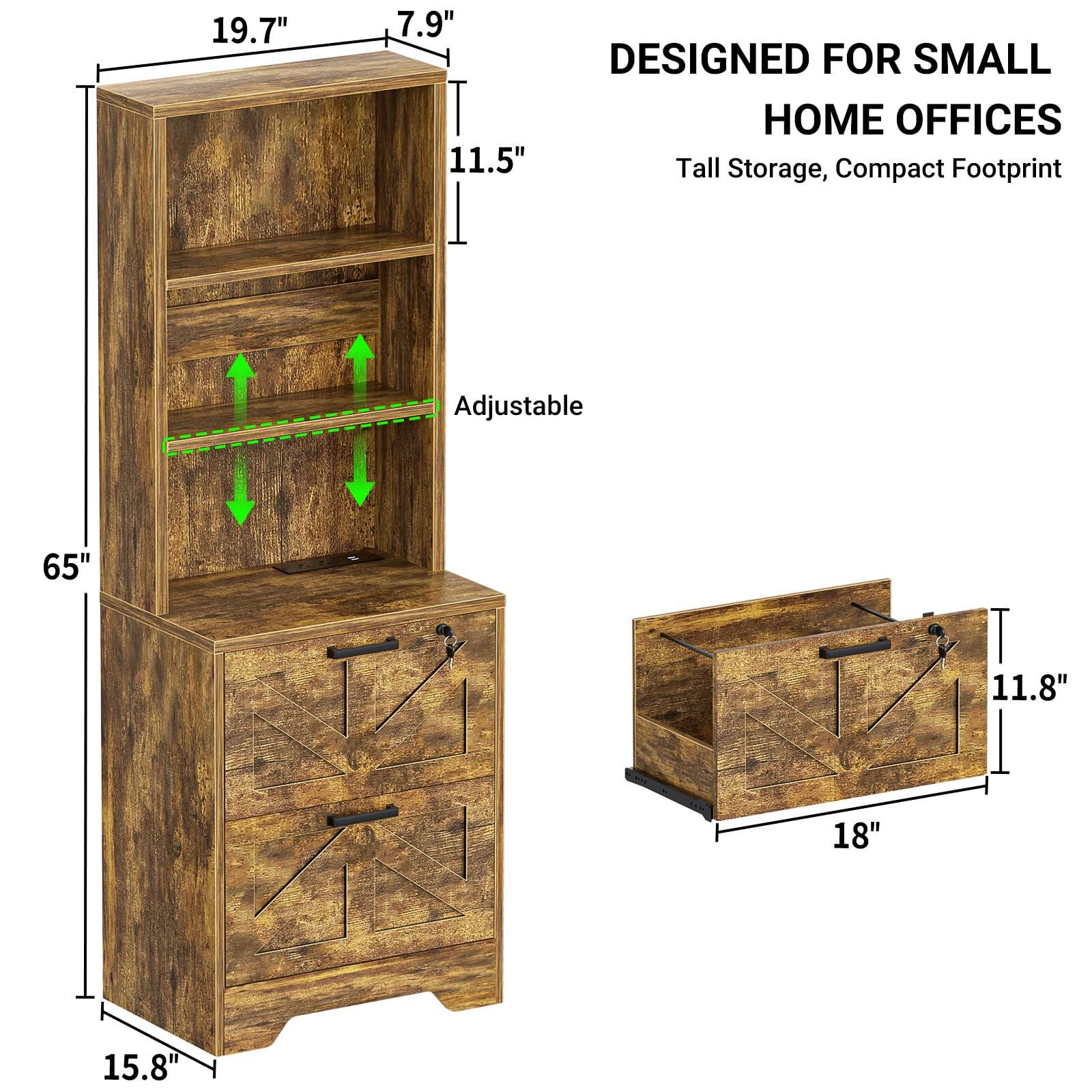19.7"  
7.9"  
11.5"  
DESIGNED FOR SMALL HOME OFFICES  
Tall Storage, Compact Footprint  
65"  
15.8"  
Adjustable  
18"  
11.8"