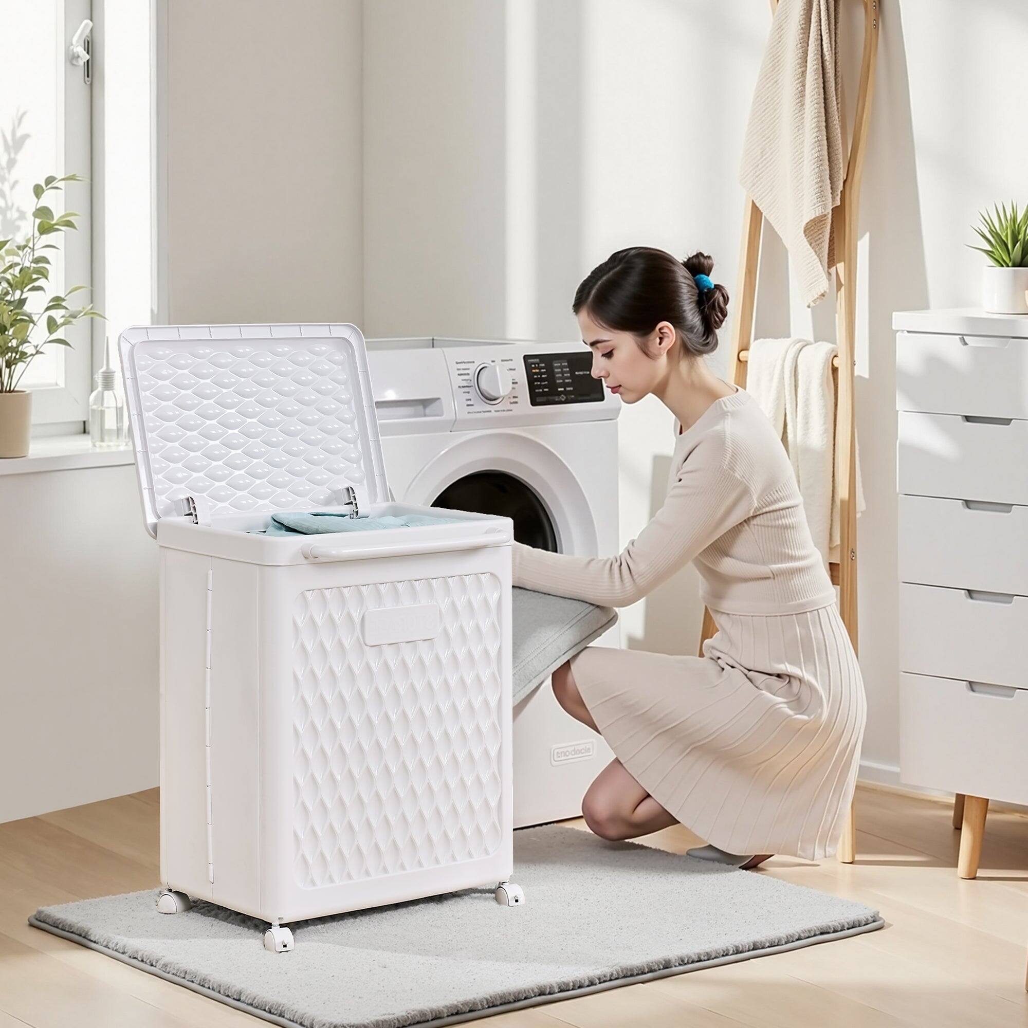 Alt View 2. Vecelo - White Laundry Hamper With Wheels & Lid-Storage Basket, Lockable Casters For Home Closet Organizer,13.78" x 19.29" x 25" - White.