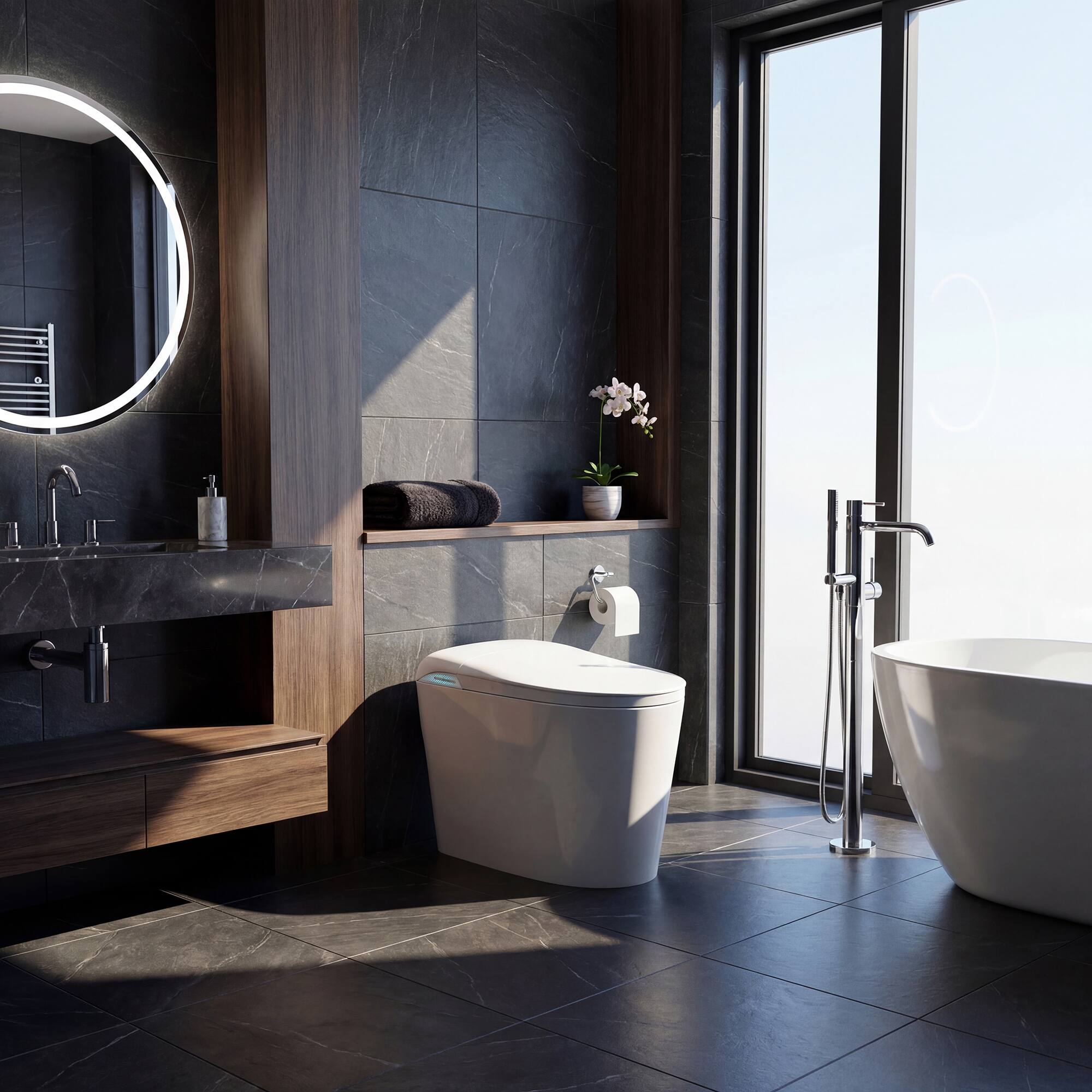 Left. Famapy - Smart Toilet with Foam Shield & Aroma Diffuser-One-Piece Bidet Toilet with Auto Lid Heated Seat Warm Water Wash - White.