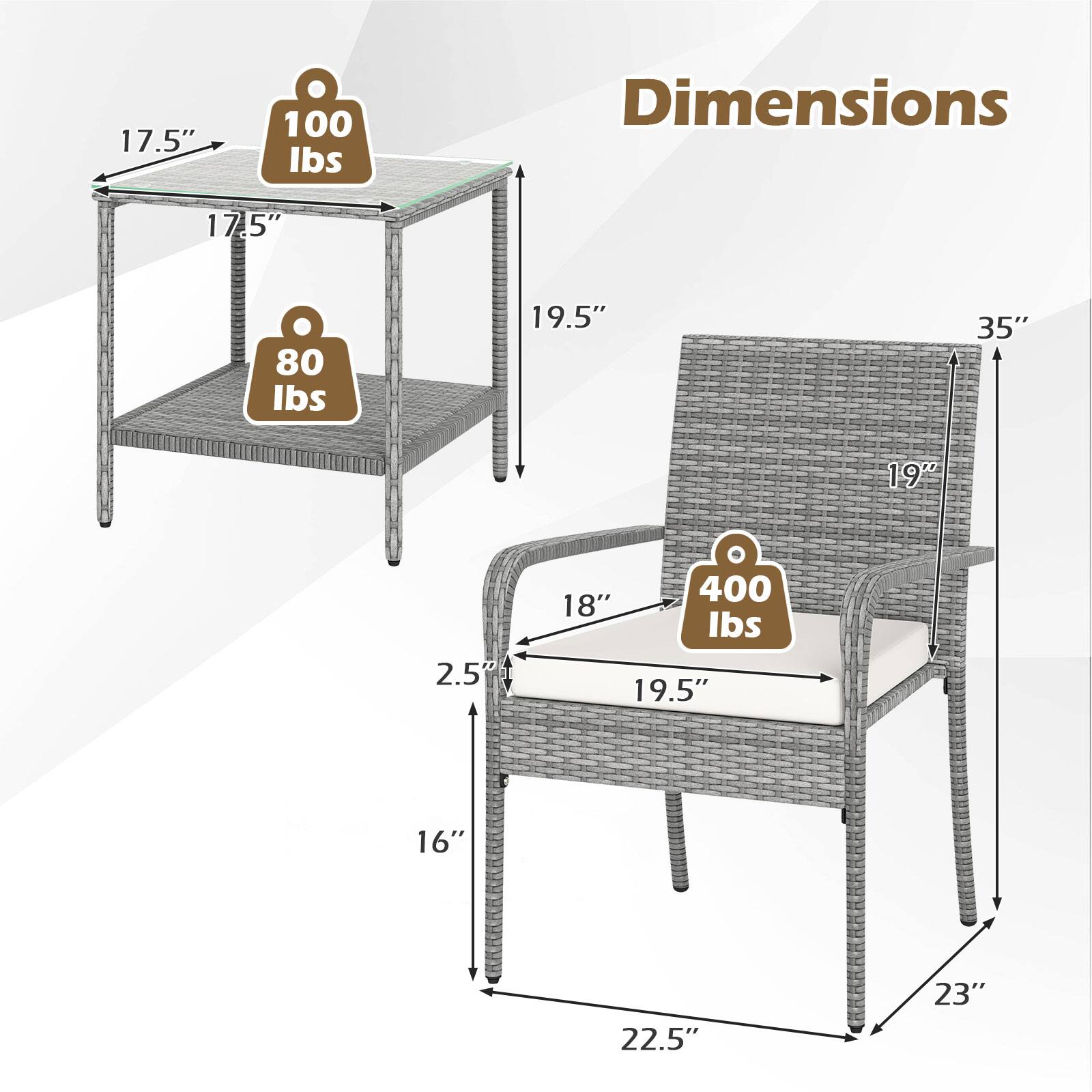 17.5" x 17.5"  
100 lbs  

19.5" x 19"  
80 lbs  

19.5" x 18" x 2.5"  
400 lbs  

Dimensions:  
19" x 35" x 22.5" x 23" x 16"