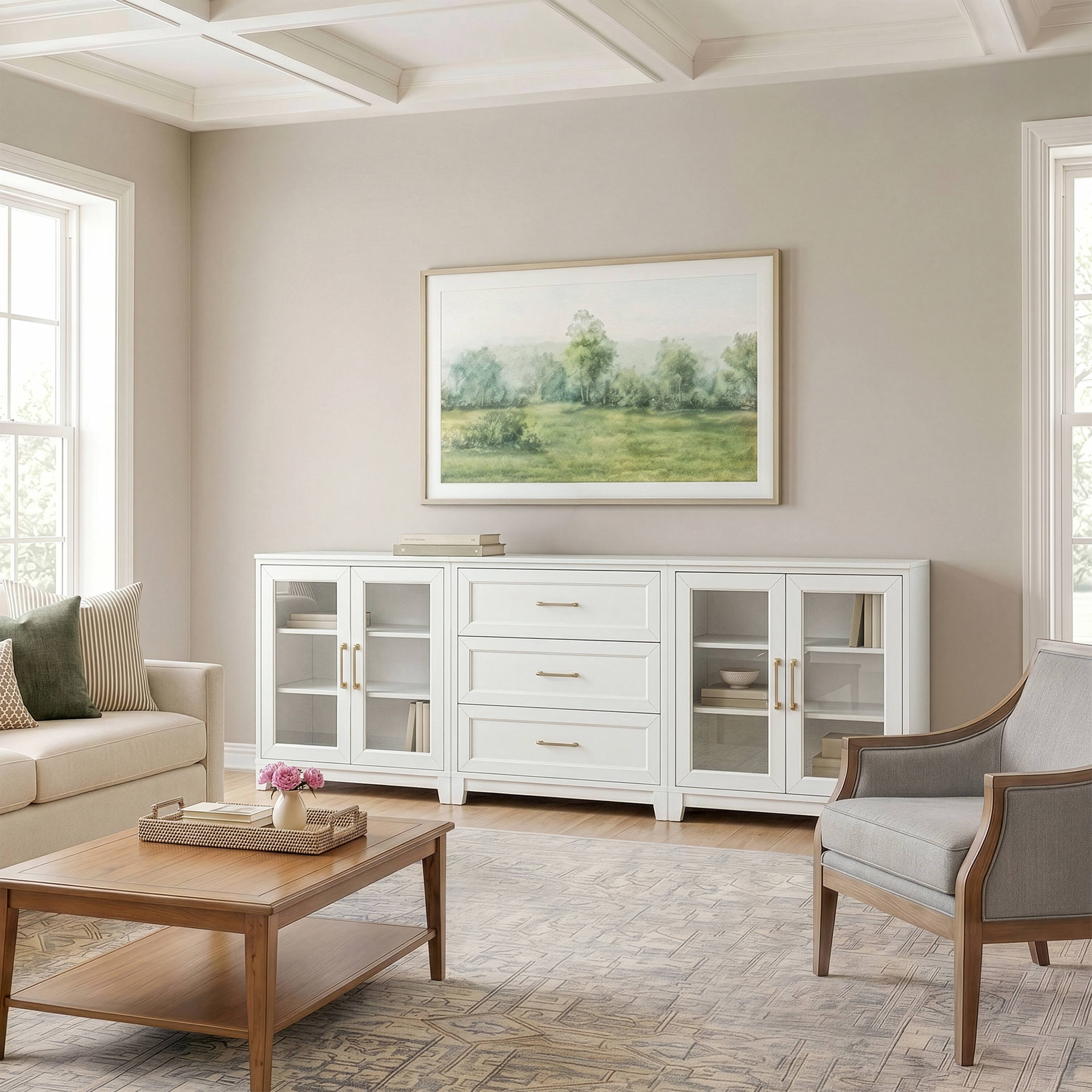 Alt View 5. Martha Stewart - Bedford 2-Piece Modular Cabinet and 3-Drawer Base Cabinet Set with Premium Hardware, Soft-Close Glass Doors - White Frame/Gold Hardware.
