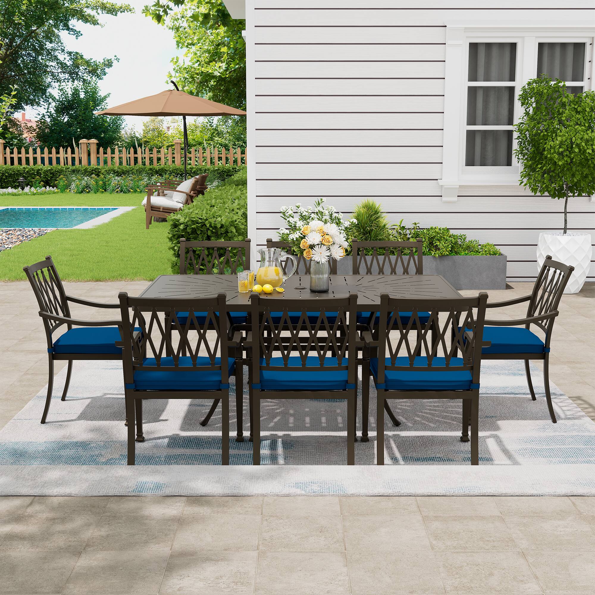 Left. Mondawe - 8 - Person Rectangular Outdoor Dining Set with Cushions - Black+Blue.