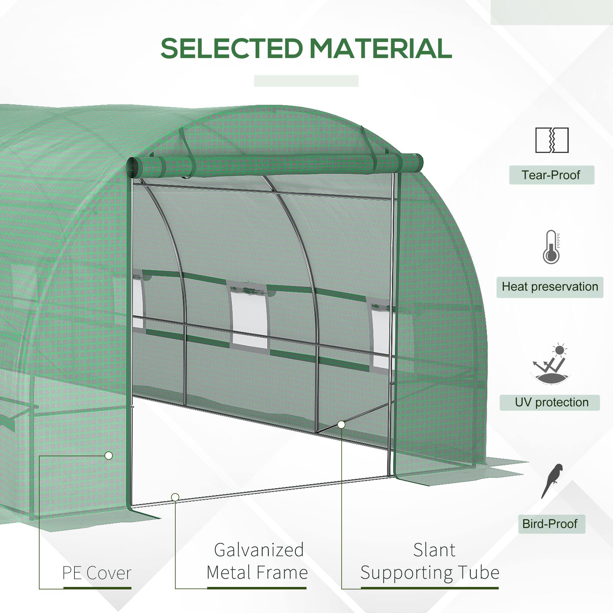 SELECTED MATERIAL

- Tear-Proof
- Heat preservation
- UV protection
- Bird-Proof
- PE Cover
- Galvanized Metal Frame
- Slant Supporting Tube