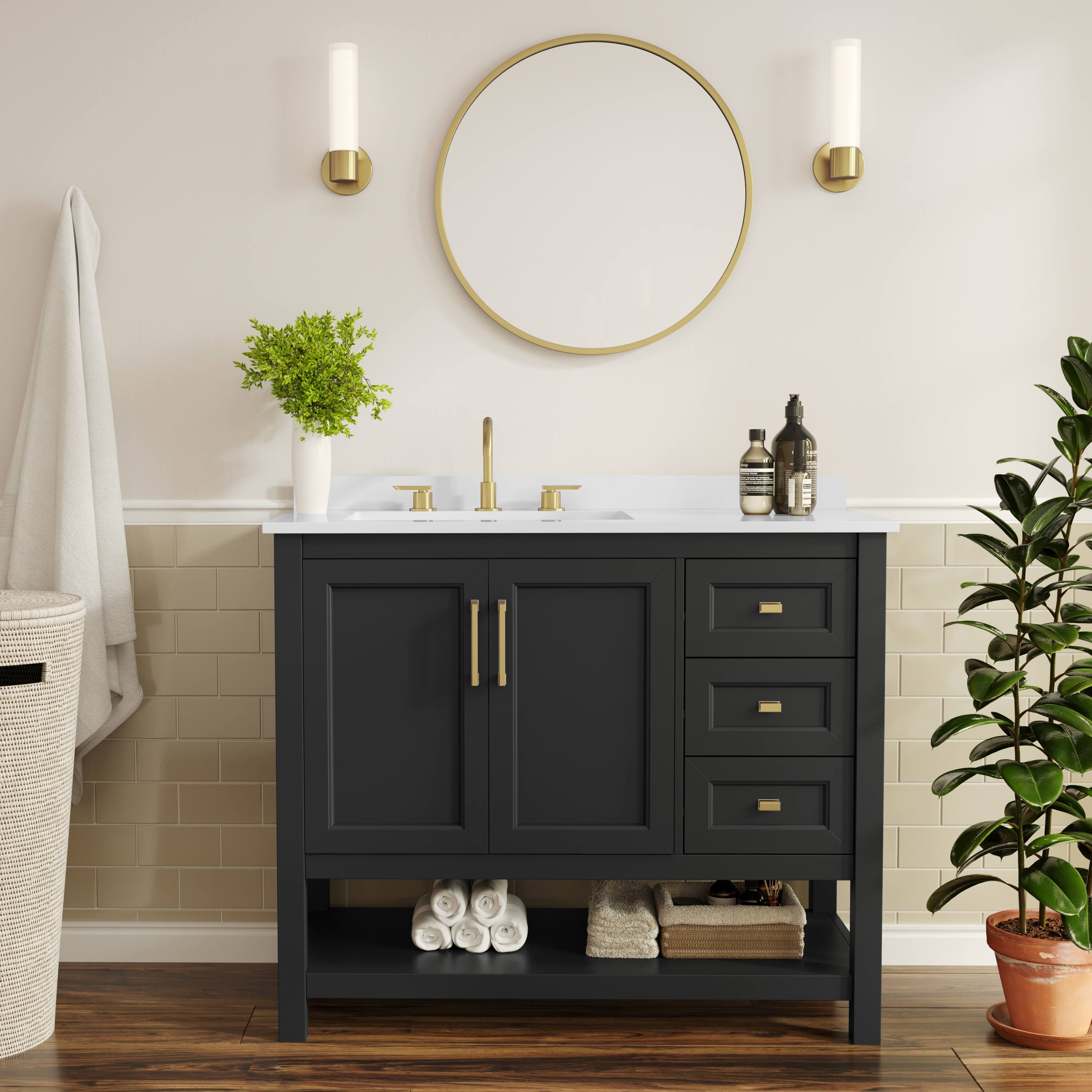 Alt View 1. Flash Furniture - Vega 42" Bathroom Vanity with Sink, Cabinet with Gold Hardware, Soft Close Doors, Open Shelf & 3 Drawers, Carrara Marble - Black.