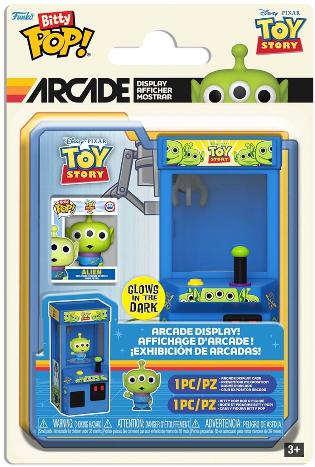 Funko Bitty POP! Arcade Display - Disney Pixar Toy Story. 

- Bitty Toy Story 4 Alien Figure
- Arcade Display Case
- Grows in the Dark
- 1PC/PZ Box and Figure
- Warning: Choking Hazard. Not suitable for children under 36 months. 

Languages: English, French, Spanish.