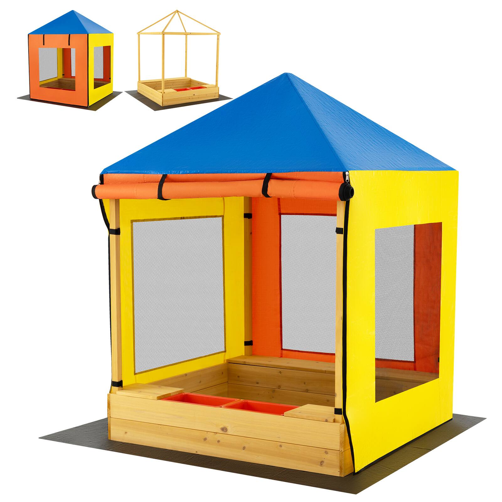Gymax Kids Wooden Sandbox w/ Canopy Sand Pit w/ Windows & Curtains