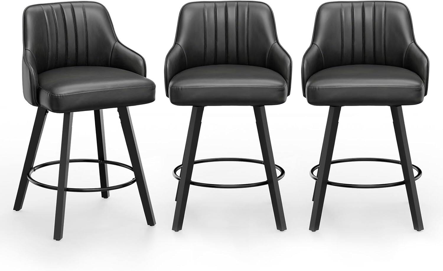 Front. Winado - 26" H Swivel Barstools Counter Height Bar Stool Modern Counter Stool with Back Kitchen High Chairs Solid Wood Legs - Black Pu-Set of 3.
