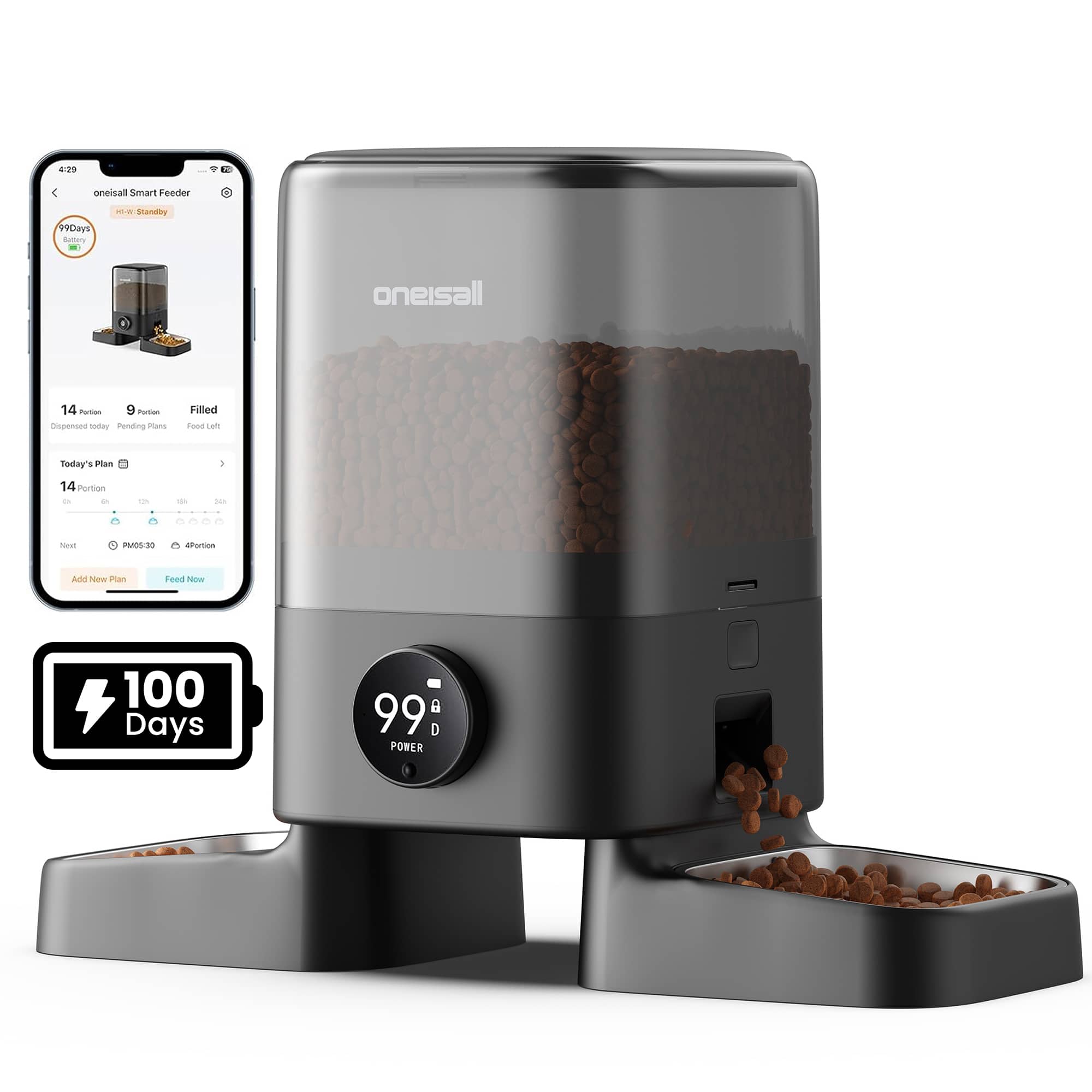 Oneisall - 5L/169oz Dual Bowl WIFI Dog Cat Feeder With App Control Automatic Pet Feeder Voice Recorder 100 Day Use - Black