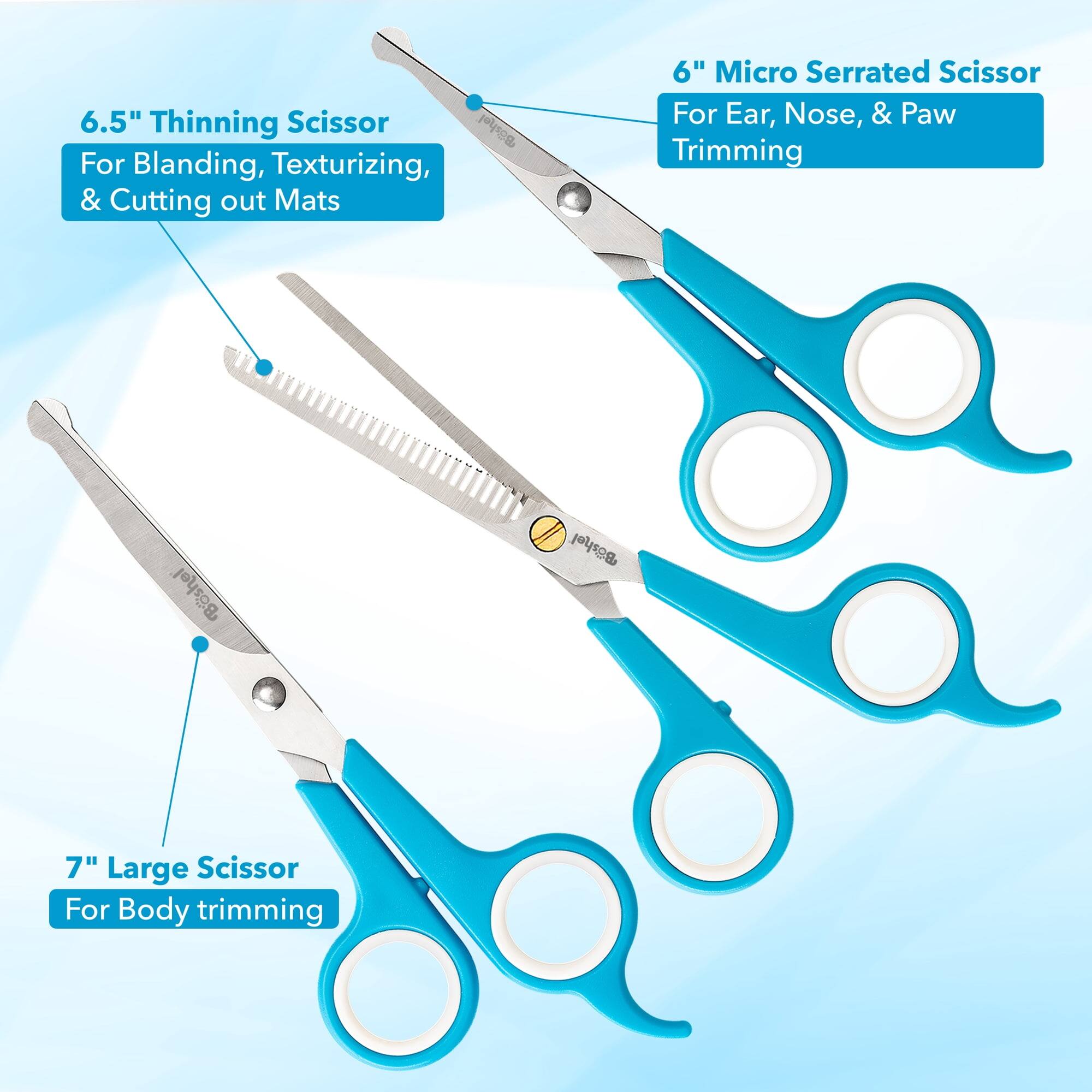 6.5" Thinning Scissor for Blanding, Texturizing, & Cutting out Mats  
6" Micro Serrated Scissor for Ear, Nose, & Paw Trimming  
7" Large Scissor for Body trimming