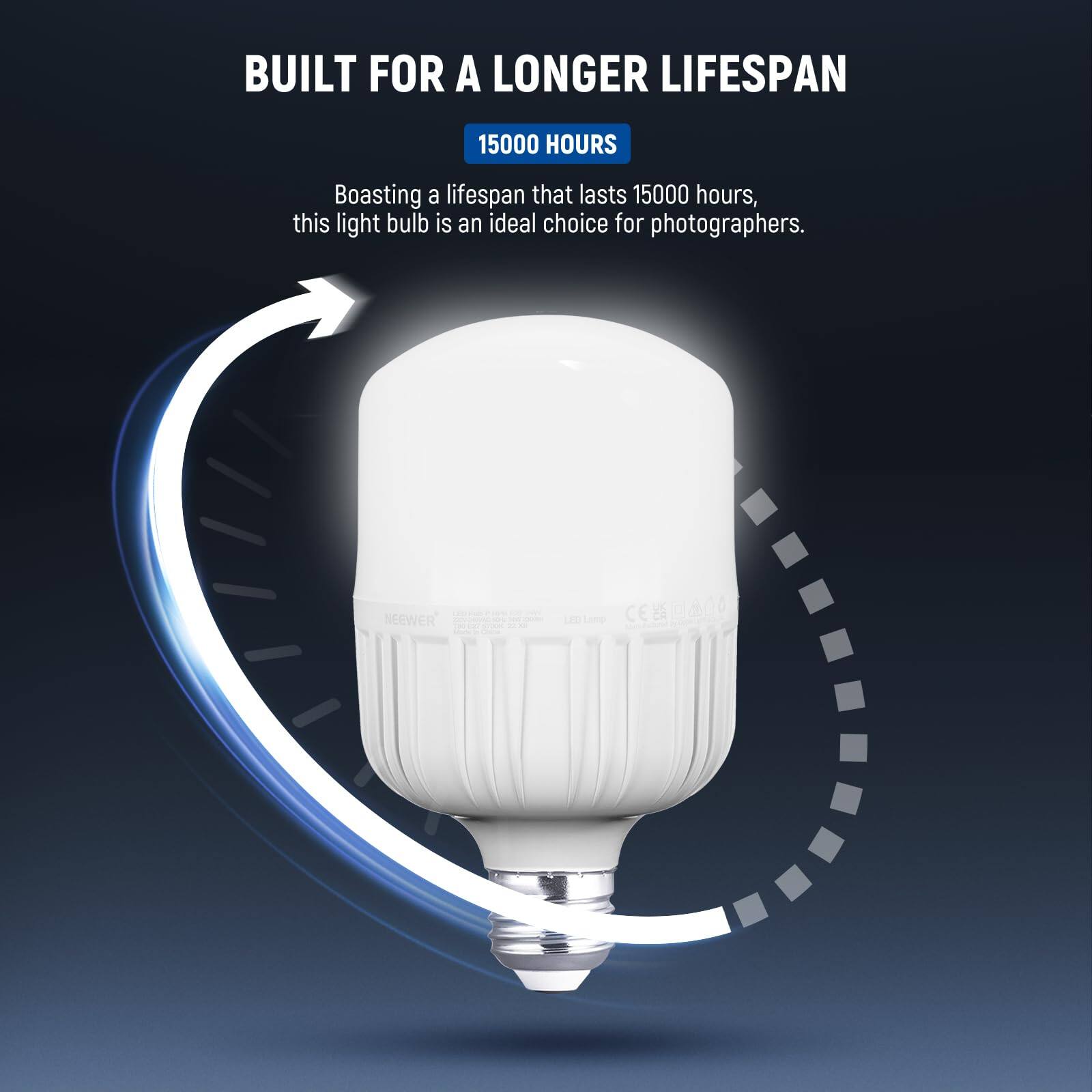 BUILT FOR A LONGER LIFESPAN  
15000 HOURS  
Boasting a lifespan that lasts 15000 hours, this light bulb is an ideal choice for photographers.