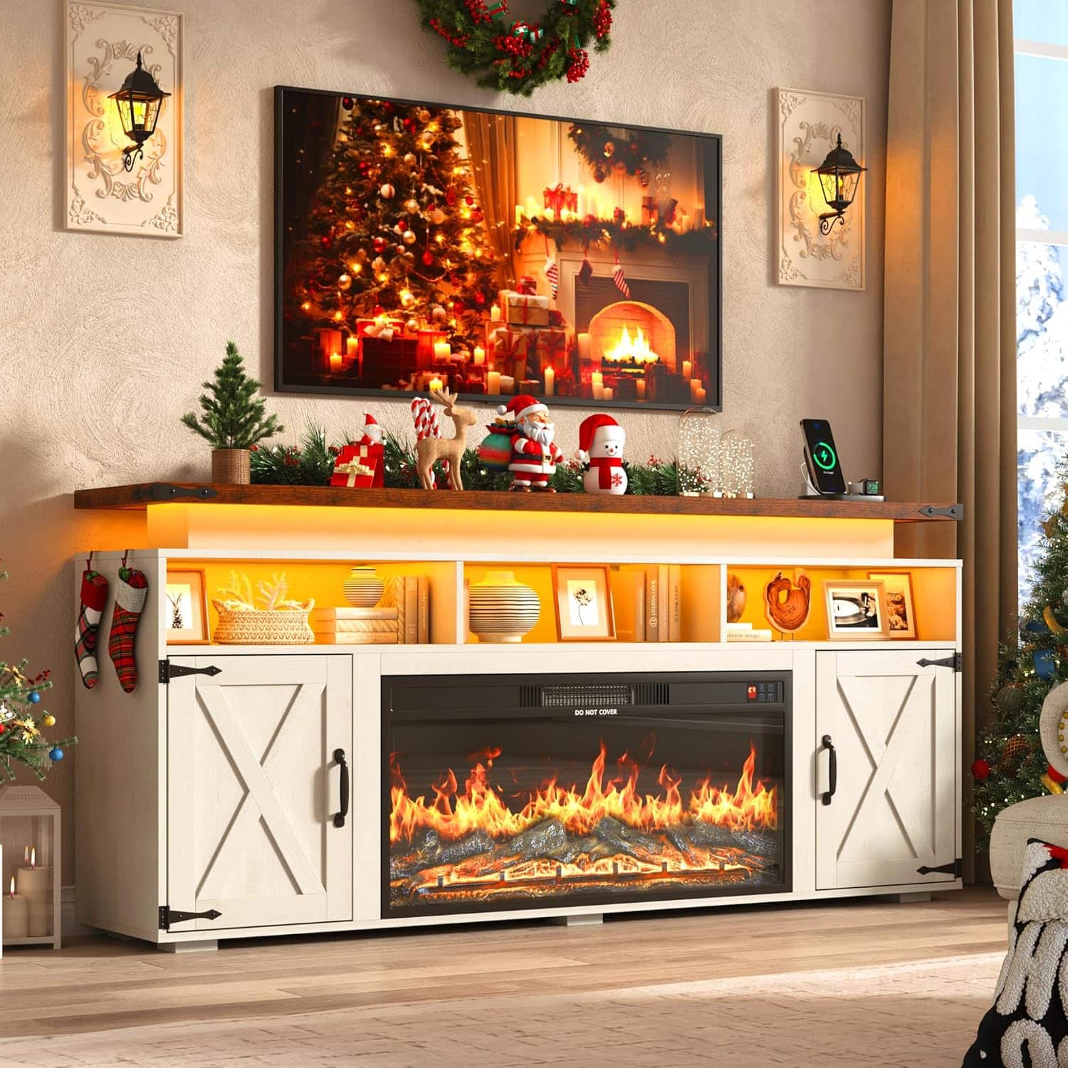Espafurni - Farmhouse Fireplace TV Stand for TVs up to 80", 36" Electric Fireplace with LED, Sliding Barn Door(2-Box Set) - White