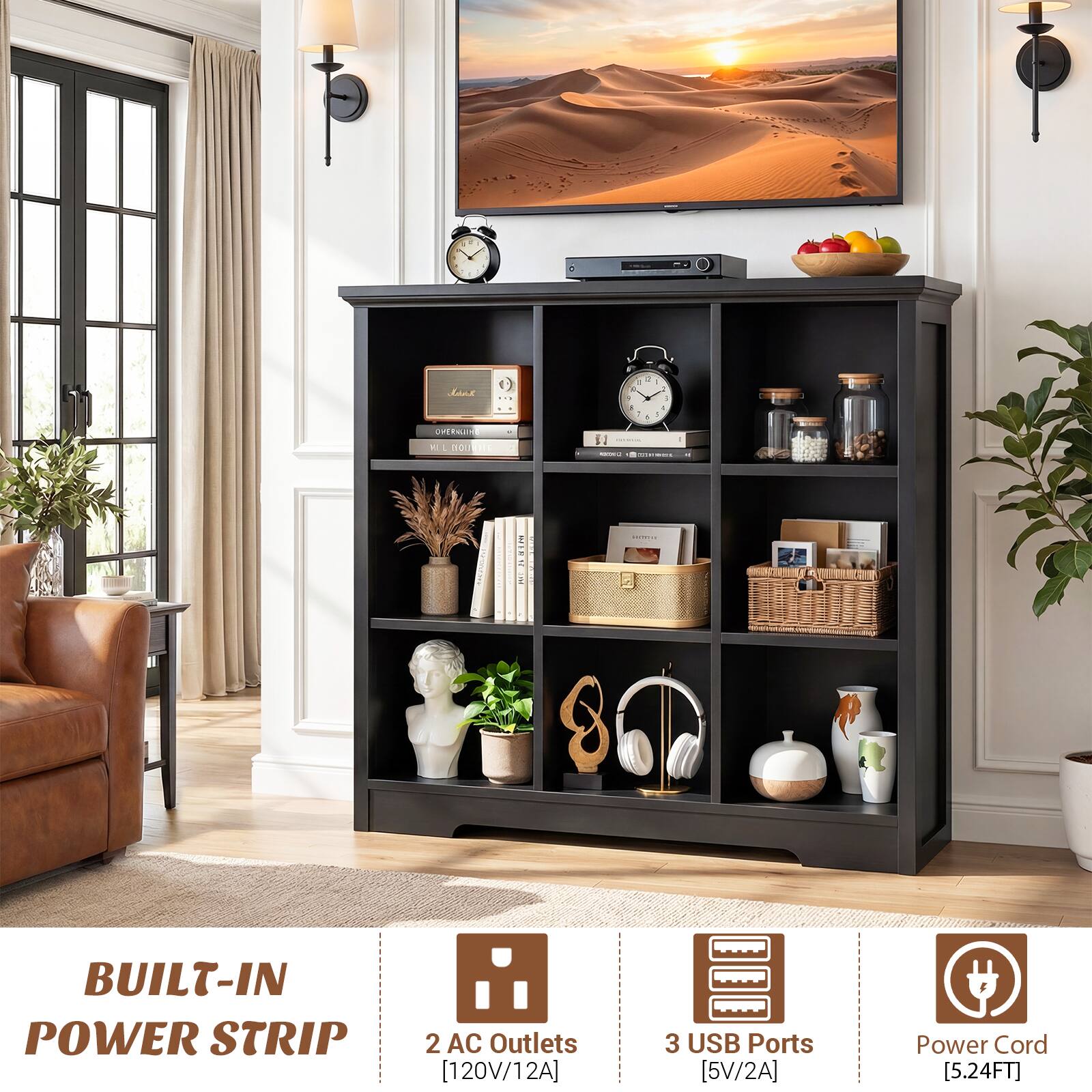 BUILT-IN POWER STRIP

2 AC Outlets [120V/12A]

3 USB Ports [5V/2A]

Power Cord [5.24FT]