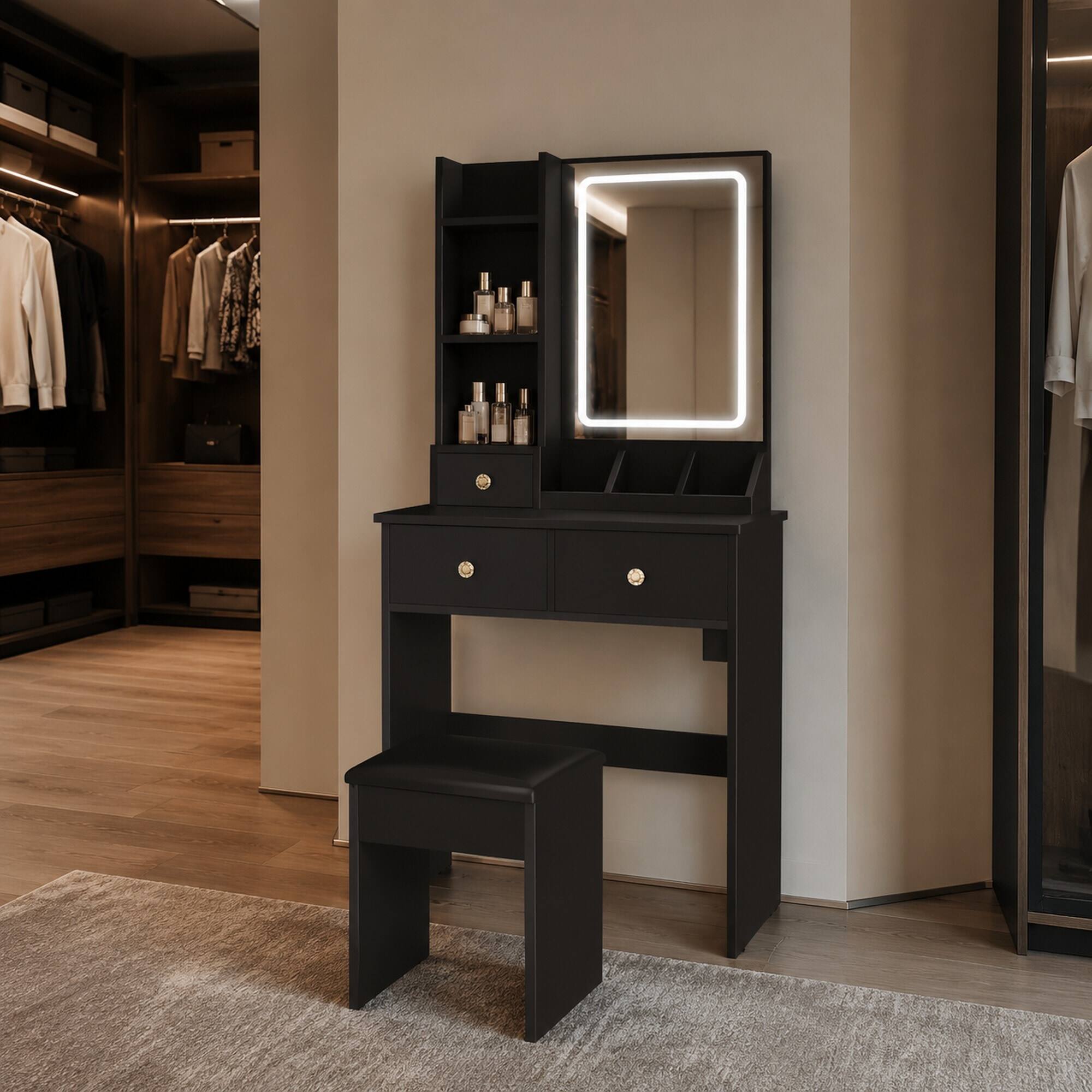 Left. RYHNUYNE - Small Black Vanity Desk, Eco-Friendly MDF, 3 LED Lighting Modes, 3 Drawers, Open Shelves, Hair Dryer Holder, Power - Black.