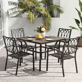 Nuu Garden - 5PCS Patio Dining Set with Umbrella Hole, Faux Wood Top, Stackable Design - Black and Brown