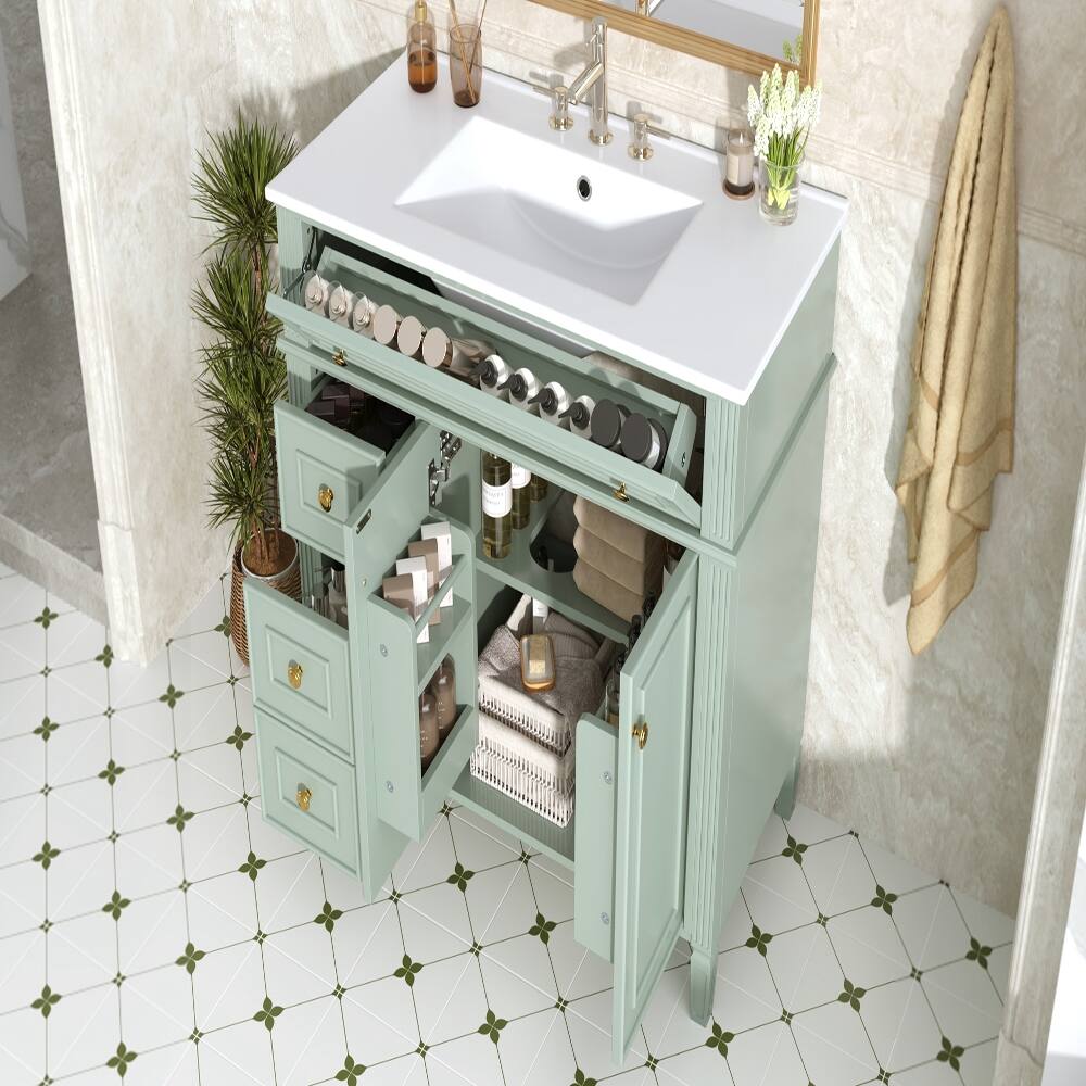 Alt View 9. Loheer - Loheer 36 Inch Bathroom Vanity with Sink, Green Solid Wood Cabinet, Flip-Out Drawer & Gold Handles - Green.