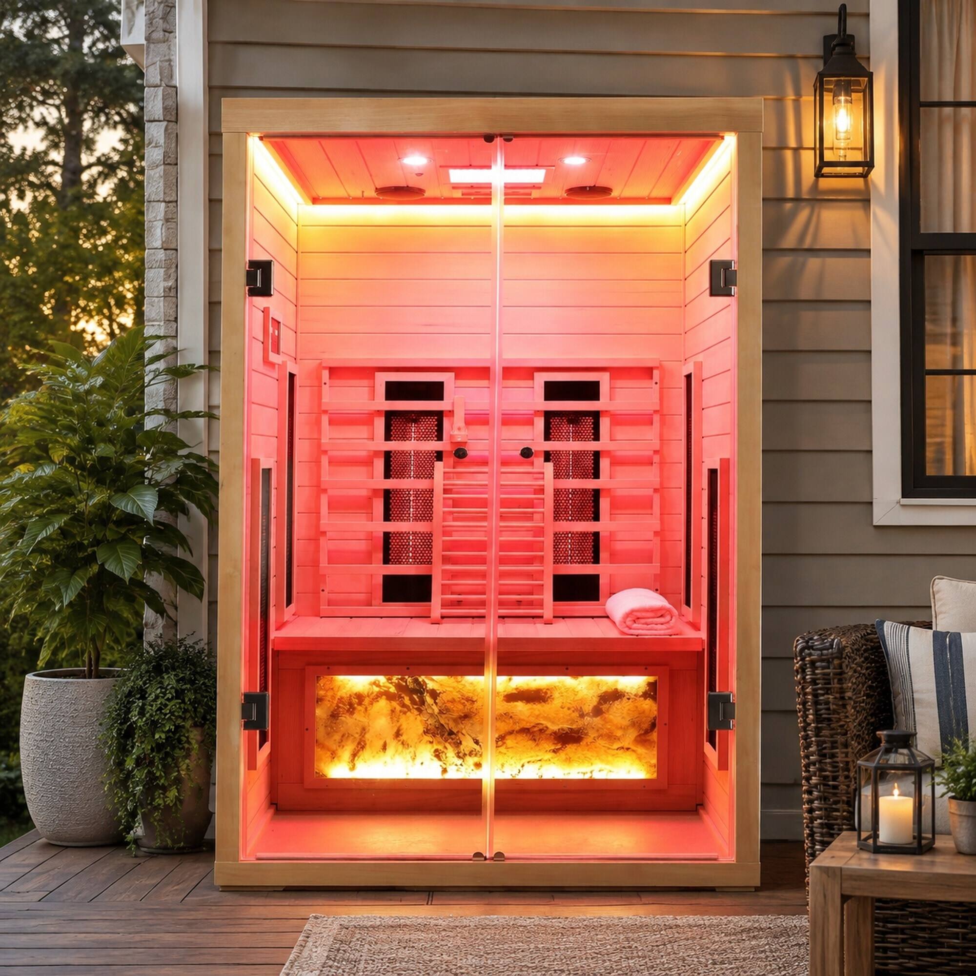 Angle. RYHNUYNE - Two-Person Hemlock Wood Far-Infrared Sauna Room, Clear Wood Grain, Carbon Crystal Heating Panels, Indoor Use - Natural.