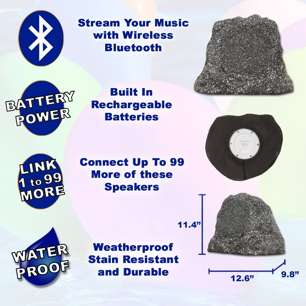 - Stream Your Music with Wireless Bluetooth
- Built In Rechargeable Batteries
- Connect Up To 99 More of these Speakers
- Weatherproof Stain Resistant and Durable
- BATTERY POWER
- LINK 1 to 99 MORE
- WATER PROOF
- 11.4" x 12.6" x 9.8"