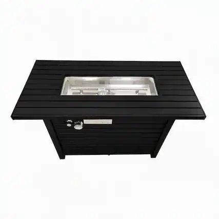 Front. RYHNUYNE - Outdoor Fire Pit Table, 42"W x 25" H Black Steel Rectangular Patio Fire Table with Lid for Backyard Garden - Black.