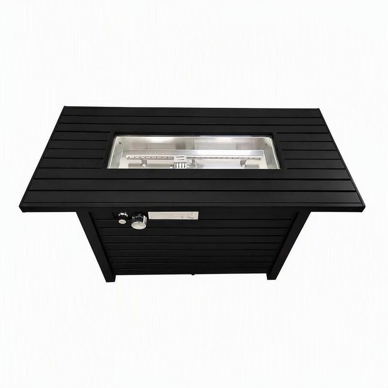 Front. RYHNUYNE - Outdoor Fire Pit Table, 42"W x 25" H Black Steel Rectangular Patio Fire Table with Lid for Backyard Garden - Black.