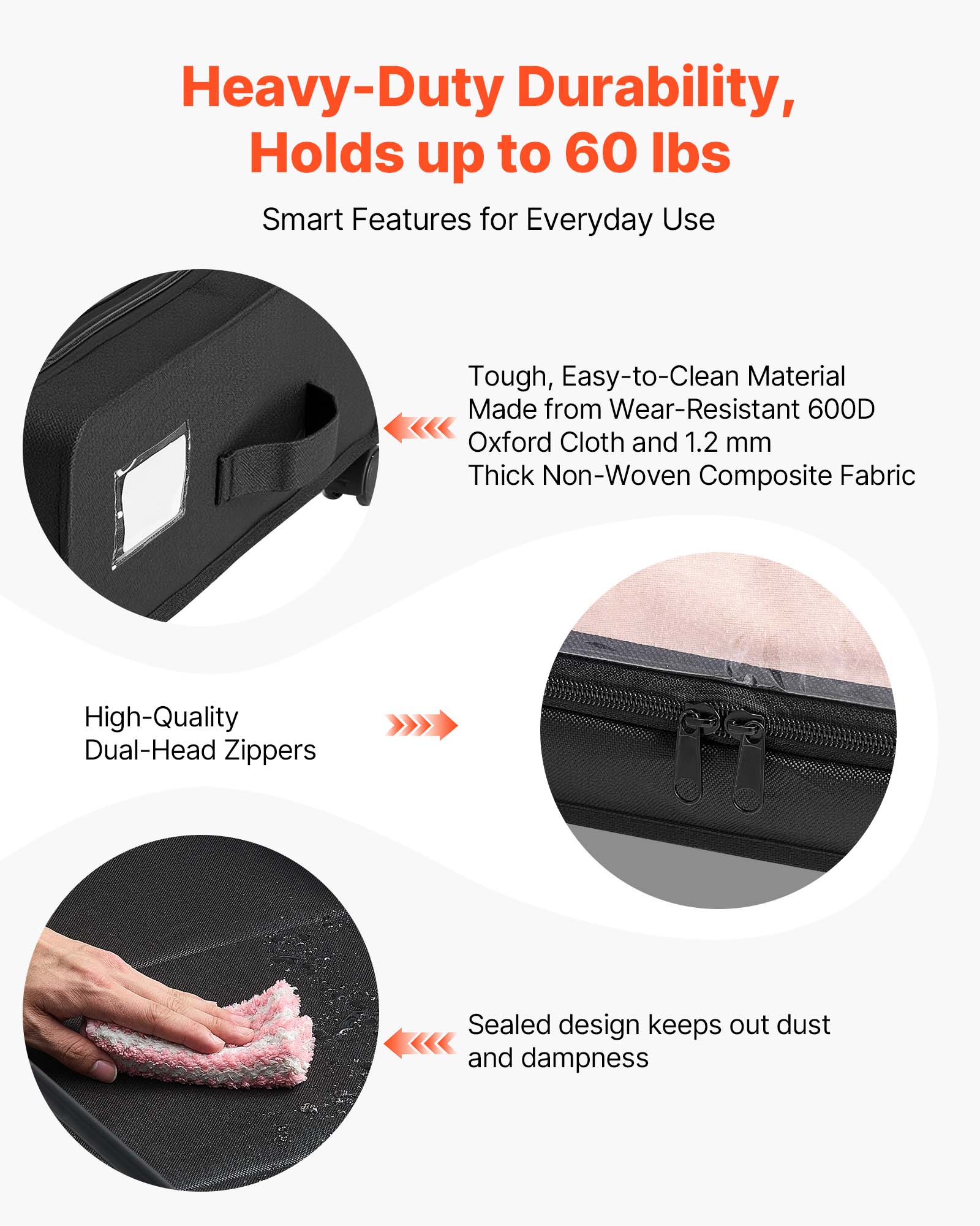 Heavy-Duty Durability, Holds up to 60 lbs

Smart Features for Everyday Use

- Tough, Easy-to-Clean Material
  Made from Wear-Resistant 600D Oxford Cloth and 1.2 mm Thick Non-Woven Composite Fabric

- High-Quality Dual-Head Zippers

- Sealed design keeps out dust and dampness