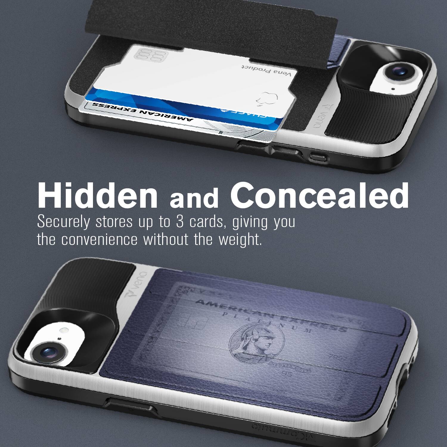 Hidden and Concealed
Securely stores up to 3 cards, giving you the convenience without the weight.