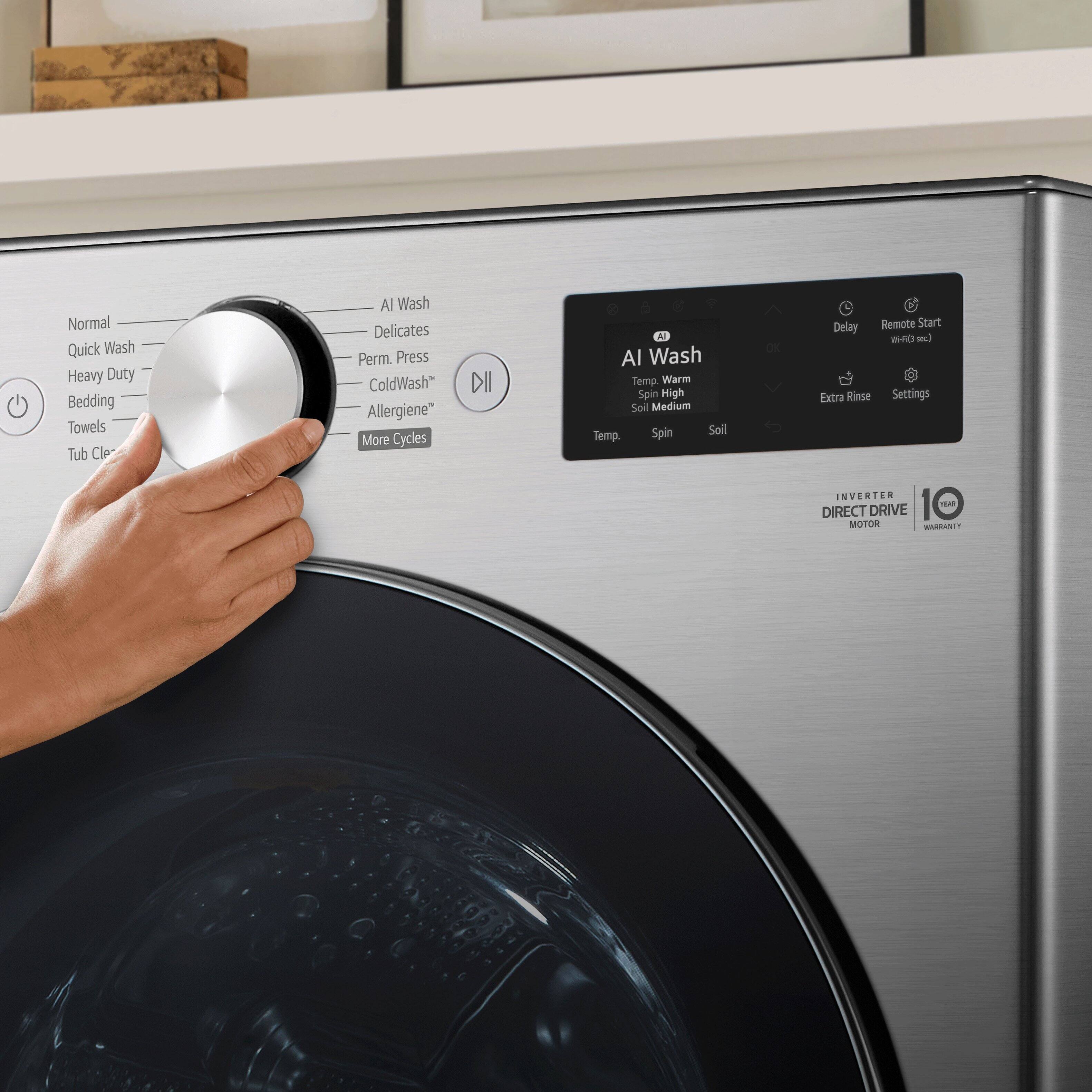 - Normal
- Quick Wash
- Heavy Duty
- Bedding
- Towels
- Tub Clean
- AI Wash
- Delicates
- Perm. Press
- ColdWash™
- Allergiene™
- More Cycles

- AI Wash
  - Temp. Warm
  - Spin High
  - Soil Medium
  - Temp. Warm
  - Spin Medium
  - Soil

- Extra Rinse
- Settings
- Delay
- Remote Start

- INVERTER DIRECT DRIVE MOTOR
- 10 YEAR WARRANTY