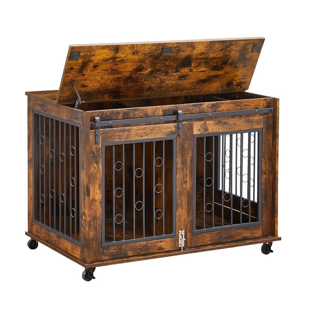 Front. Ficcuss Pets - Rustic Brown Dog Cage With Partition.