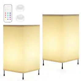 Oumilen - 2-Pack Battery-Powered White Square Lamps with Remote - 12-Color RGB Linen Shade Table Lamps for Bedroom & Office
