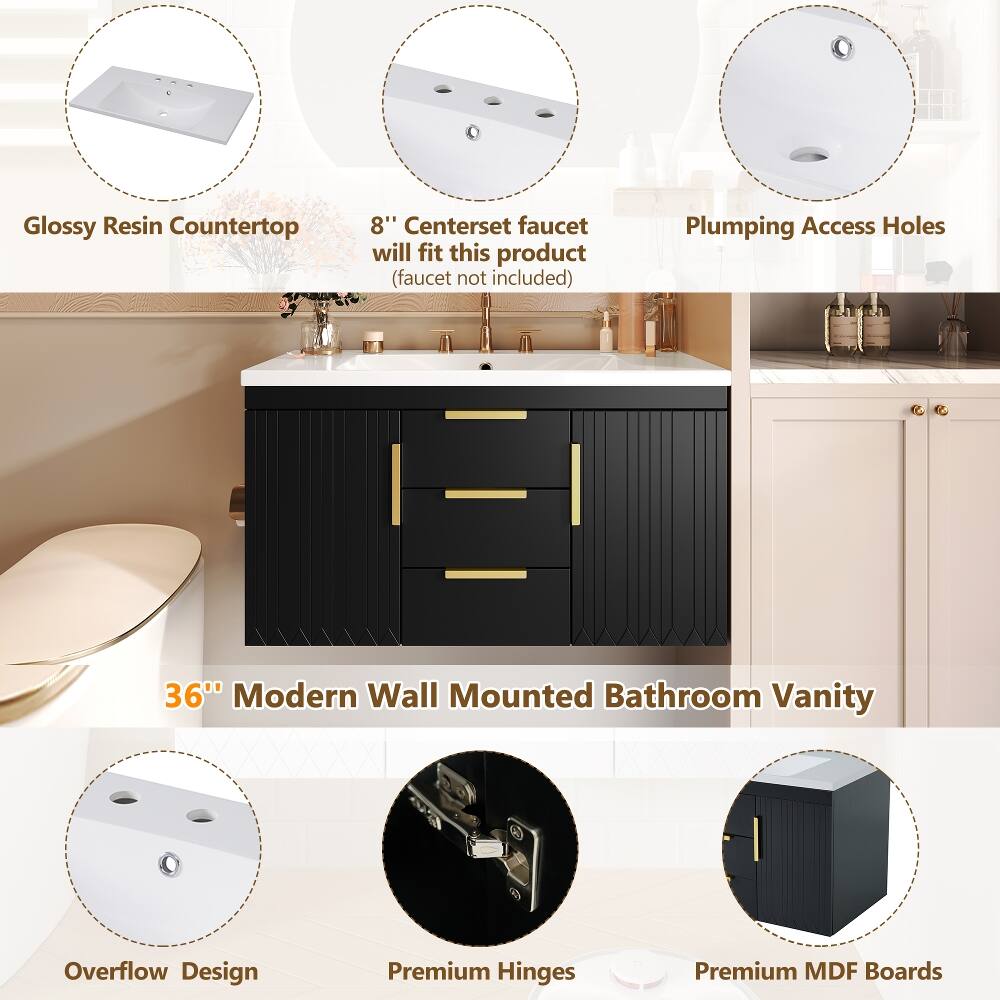 Glossy Resin Countertop  
8" Centerset faucet will fit this product (faucet not included)  
Plumbing Access Holes  
36" Modern Wall Mounted Bathroom Vanity  
Overflow Design  
Premium Hinges  
Premium MDF Boards