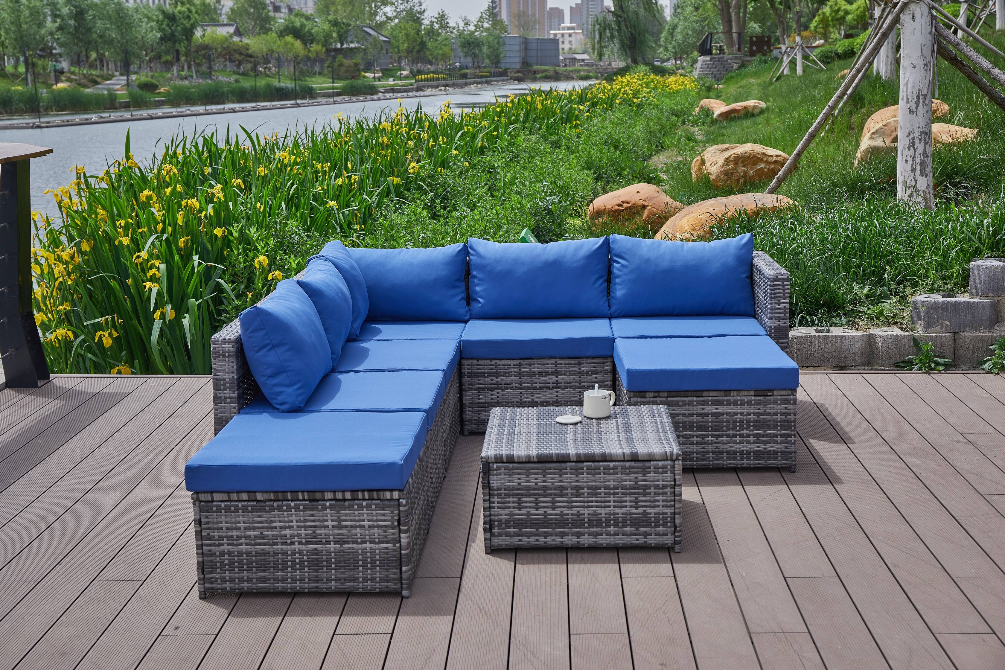 Alt View 4. Siljoy - Patio Sofa with Cushions - Blue+Grey.