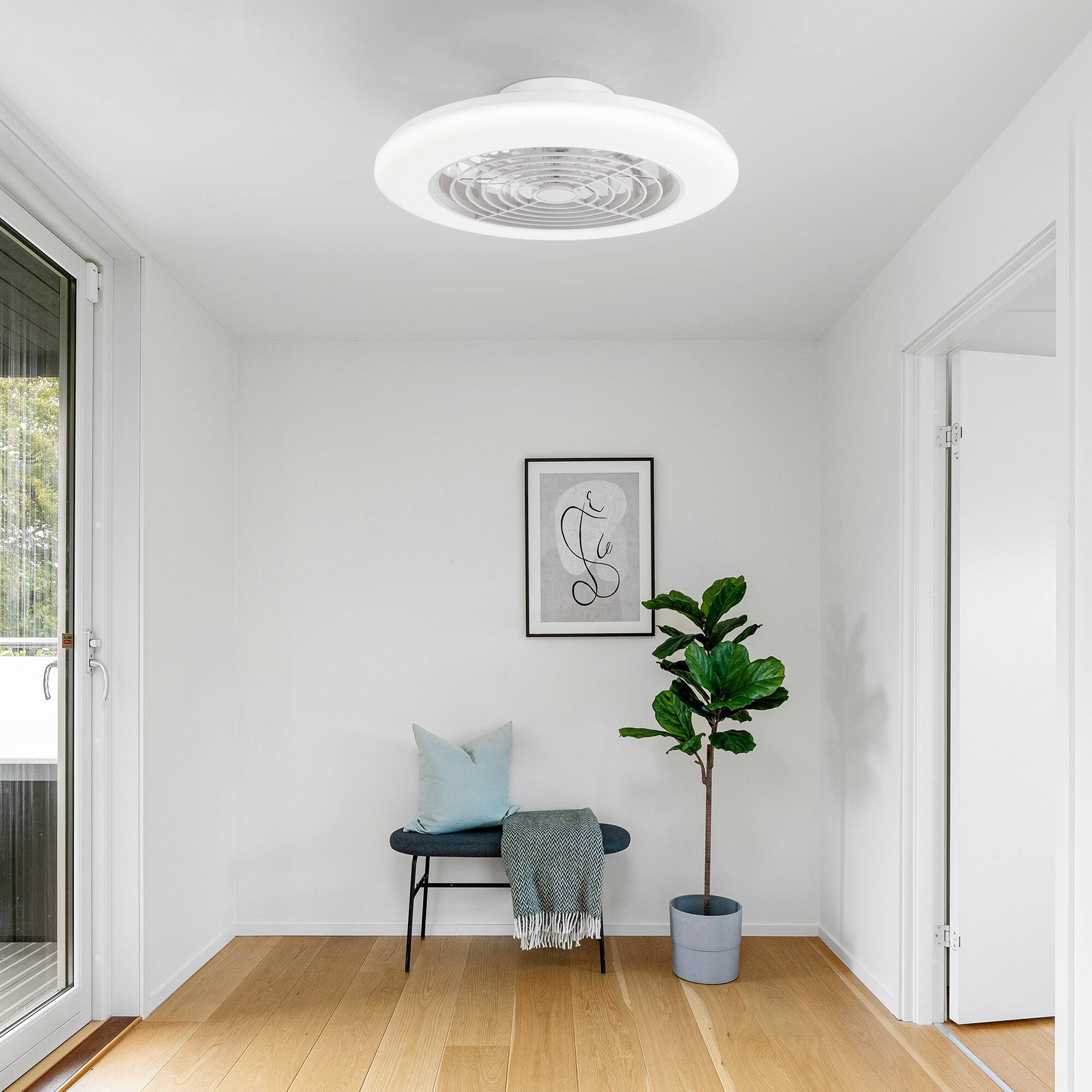 Alt View 6. Breezary - 19-In Flush Mount RGB Ceiling Fan with 5 Blades, 3-Color Light, DC Motor and 6-Speed Remote Control with Timer - Matte White.