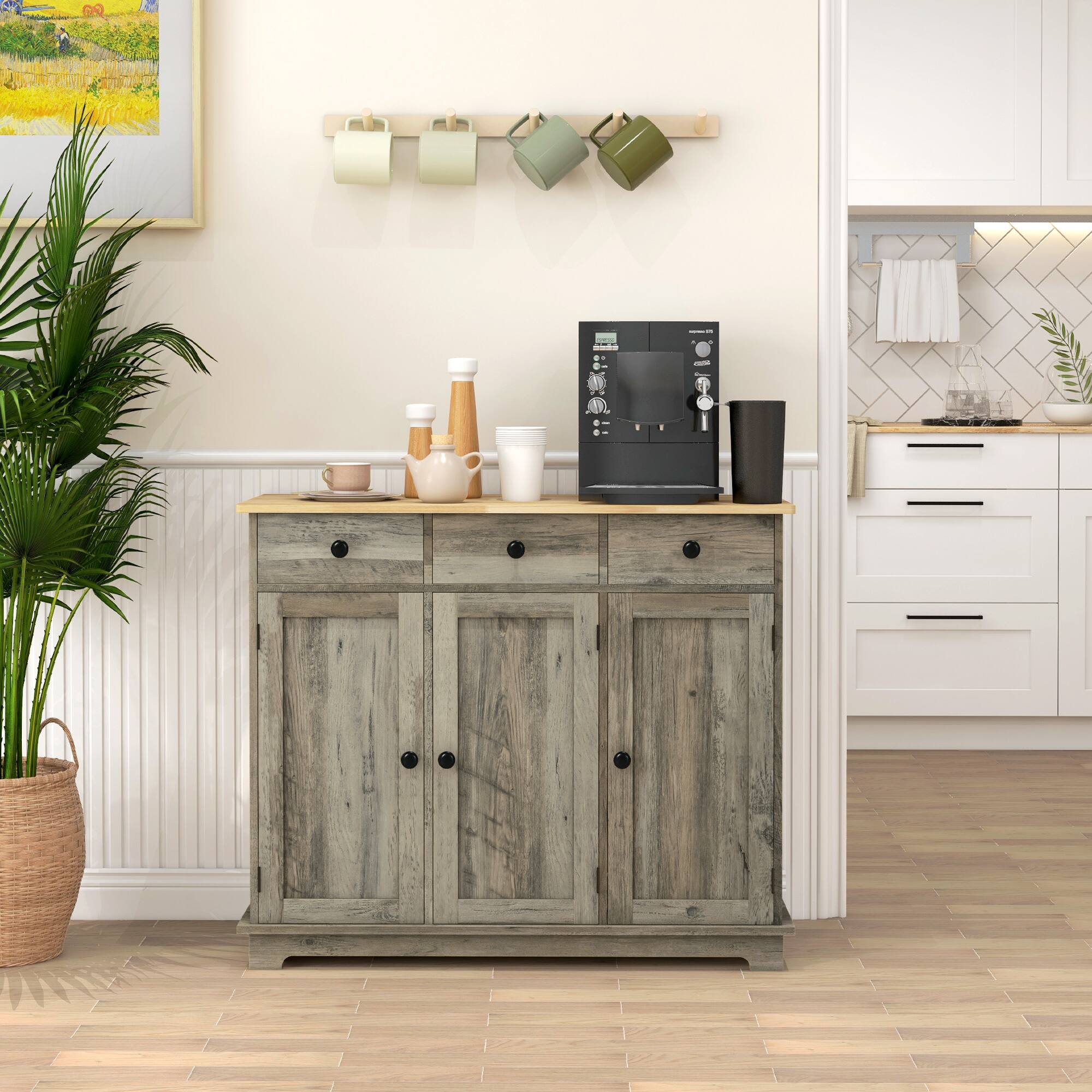 Alt View 1. Homcom - Sideboard with Solid Wood Countertop, Modern Kitchen Storage Cabinet, Coffee Bar Cabinet with 3 Drawers, Doors - Distressed Gray.
