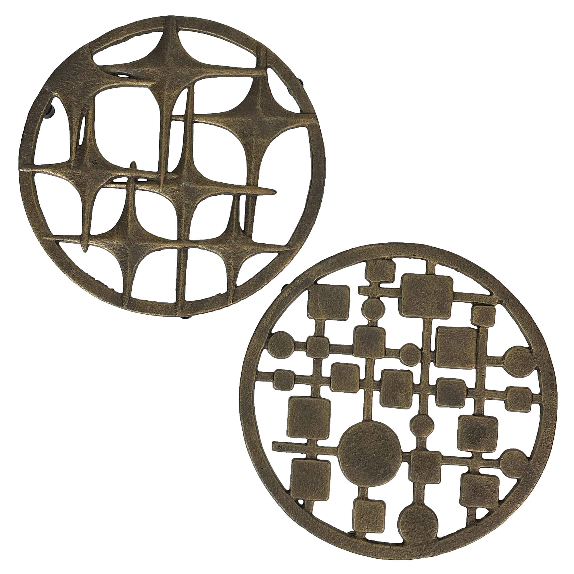 Zeckos - Set of 2 Cast Iron Trivets – Stars & Circles/Squares, 8" MCM Style - Bronze