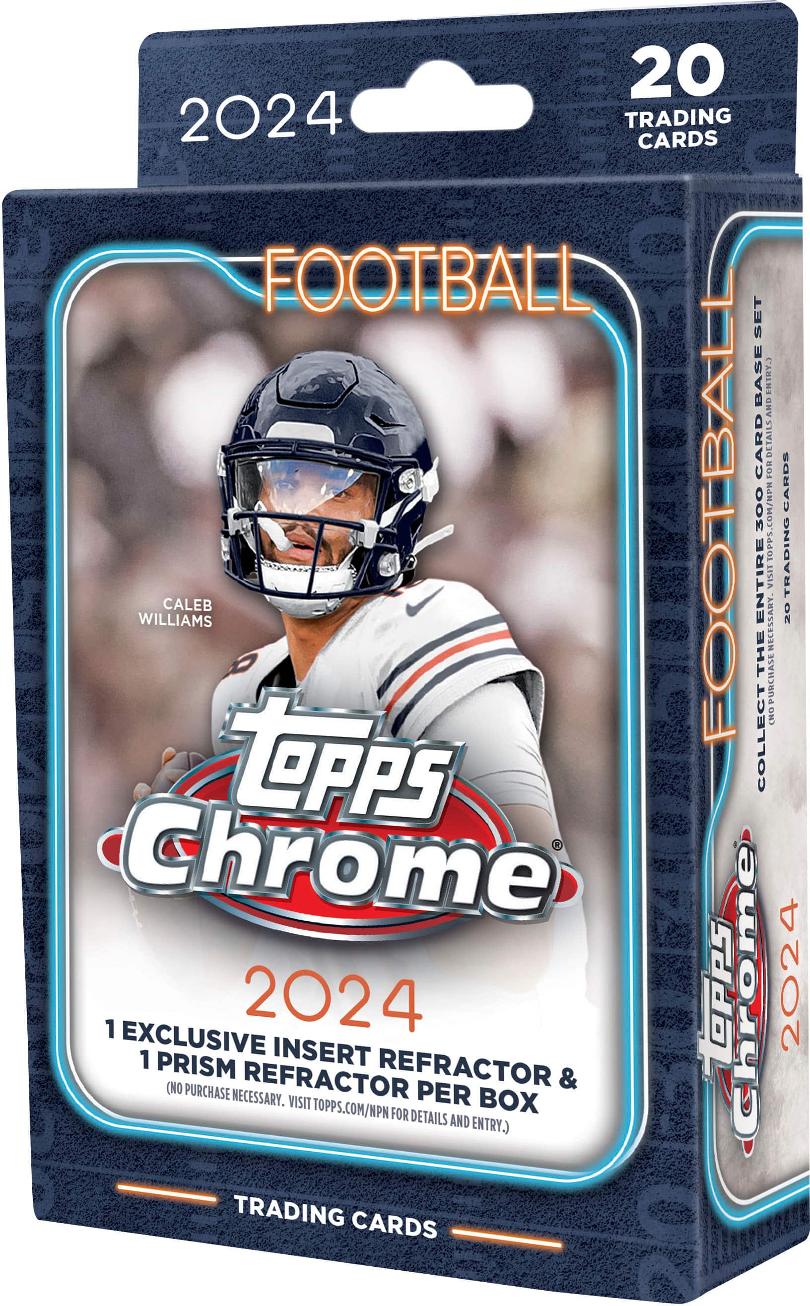 2024 Football Trading Cards Set 1 Base Inserts Entry. Card Details for Football 2024.com/NPN. Cards include Topps Chrome, 1 Exclusive Prism (No Refractor Insert Refractor & Lepps Chrome 2024). Purchase Necessary. Per Box. Visit topps.com/NPN for details and entry.