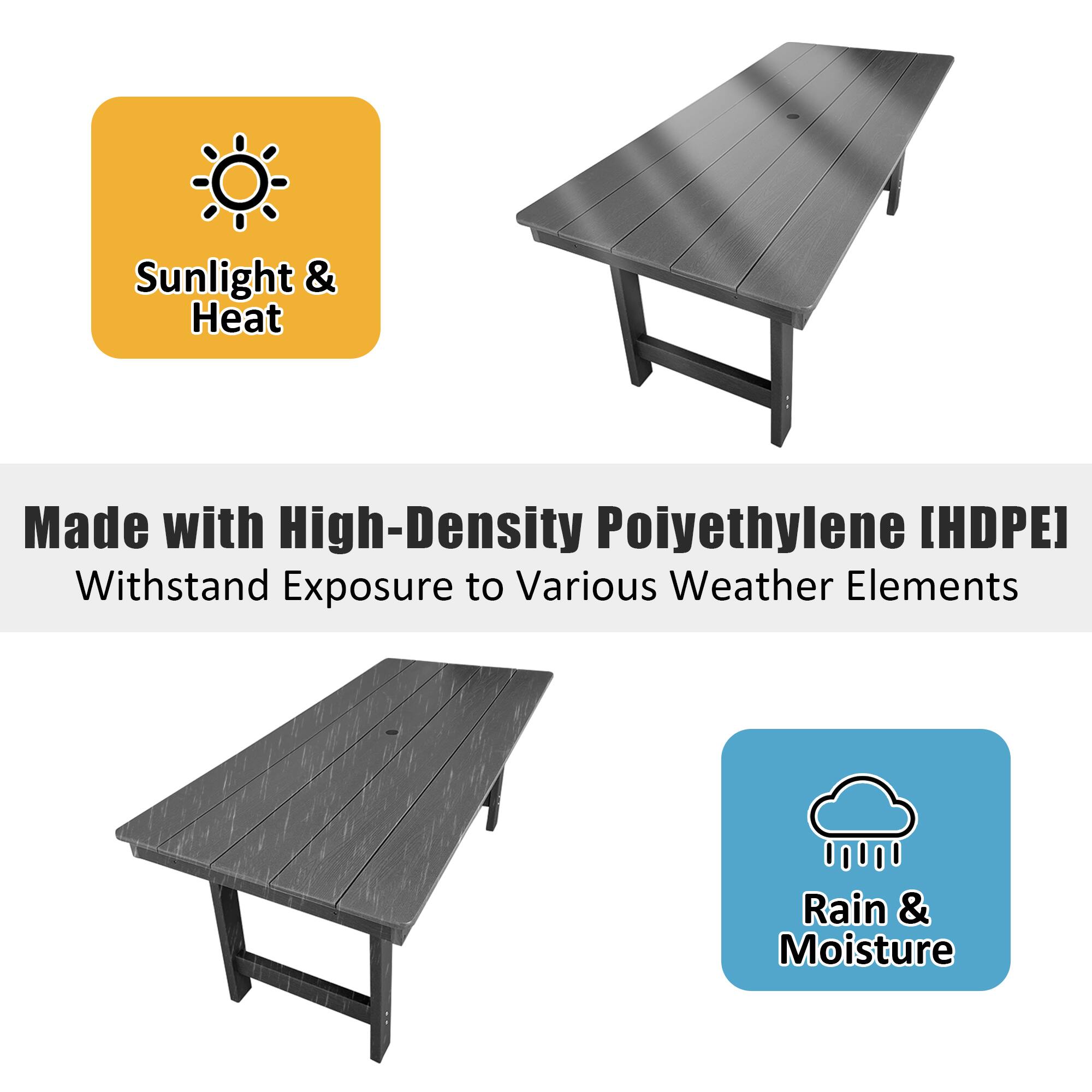 Sunlight & Heat

Made with High-Density Polyethylene (HDPE)

Withstand Exposure to Various Weather Elements

Rain & Moisture